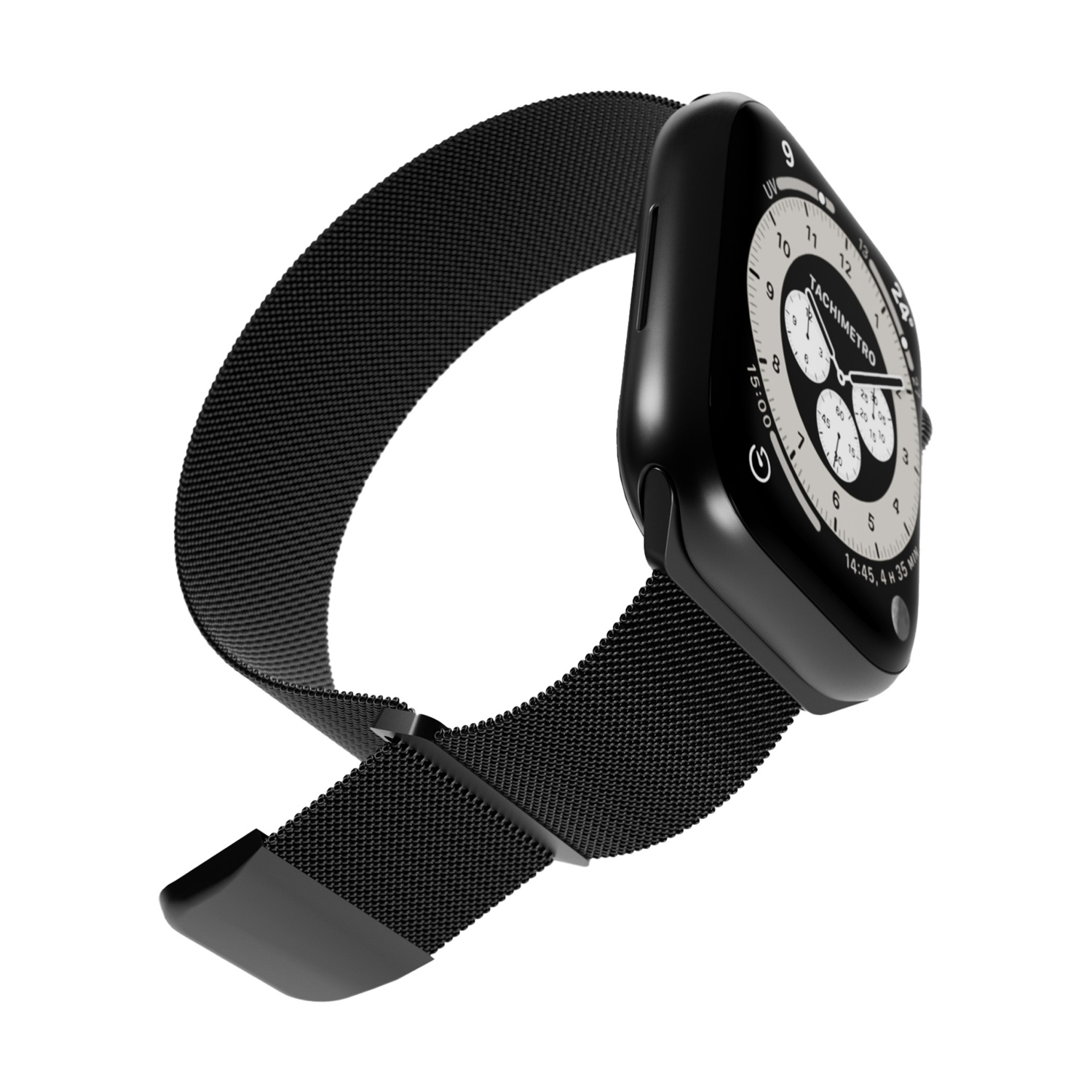 Smartwatch nero con cinturino a maglia. Il quadrante mostra l'ora e altre metriche. Lo sfondo è bianco.