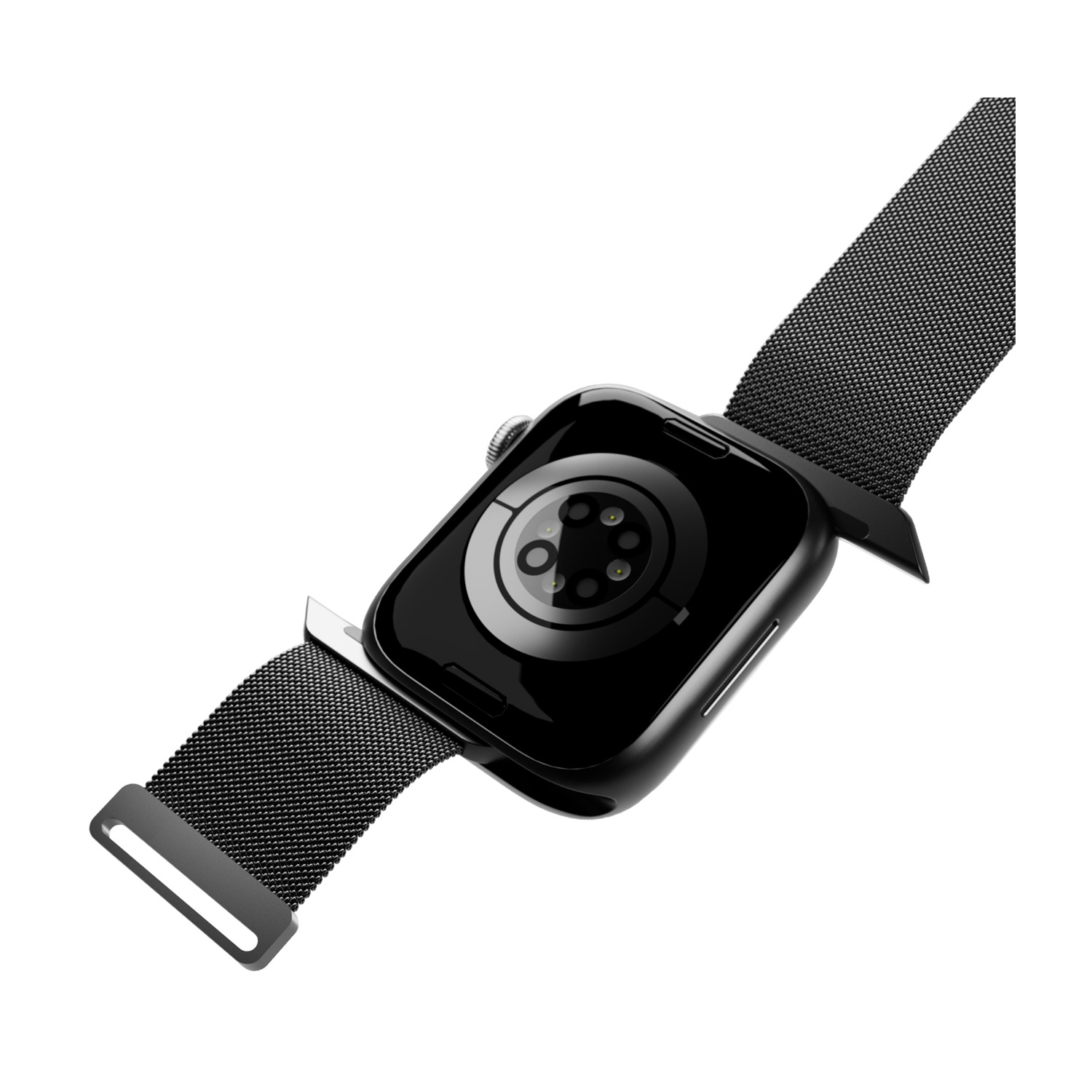Smartwatch nero con cinturino a rete, vista posteriore. L'orologio è su sfondo bianco. Il quadrante mostra i sensori.