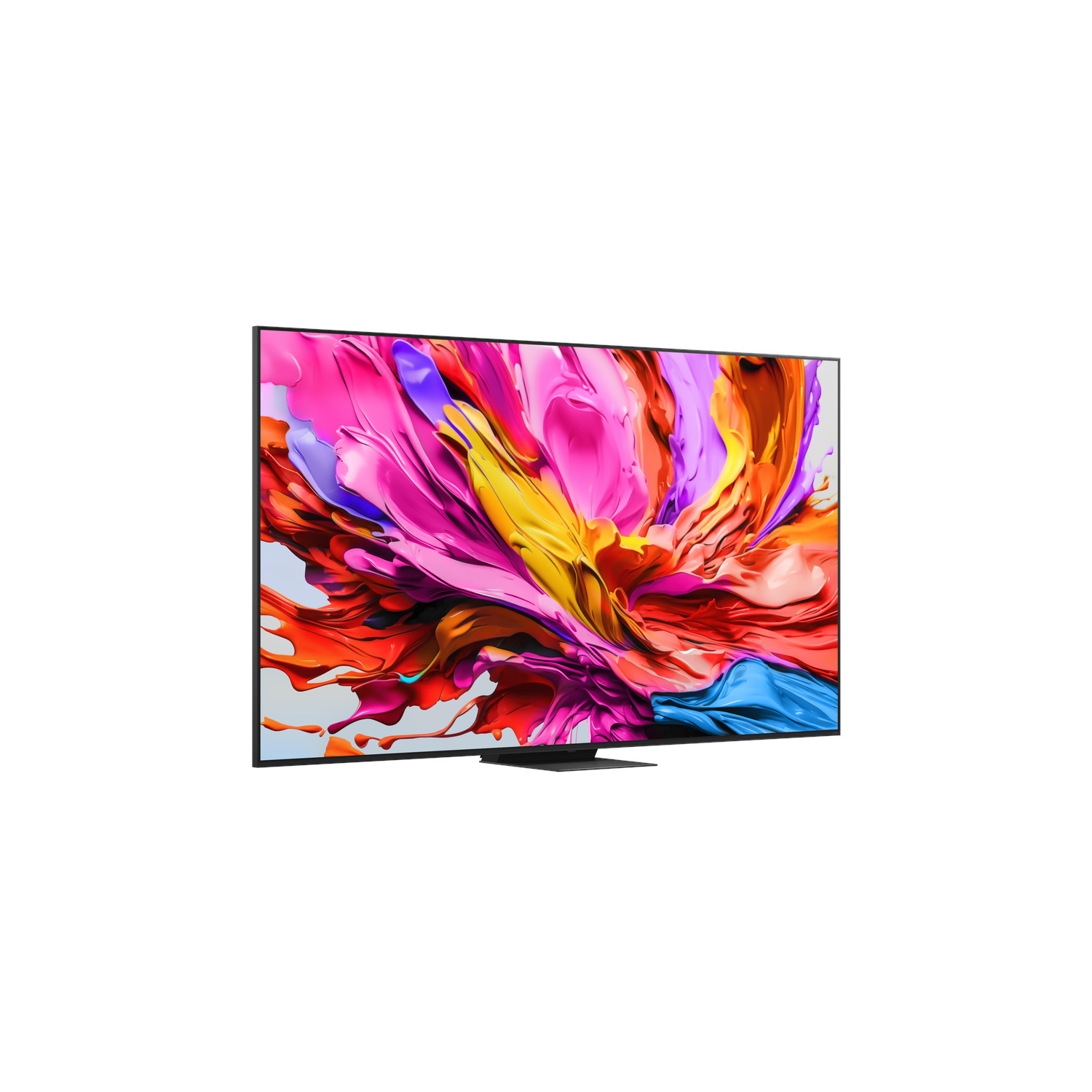 A large, modern TV displays colorful abstract art. It stands on a black base against a white background.