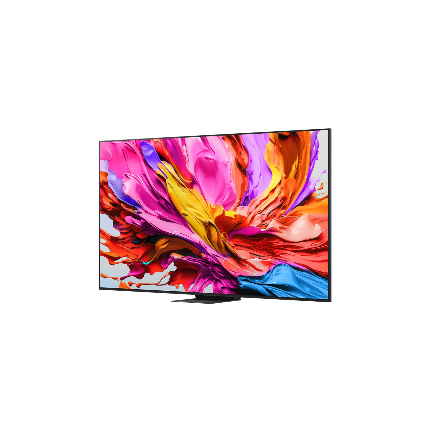 A flat-screen TV displays colorful abstract art. The screen is framed in black. The background is white.