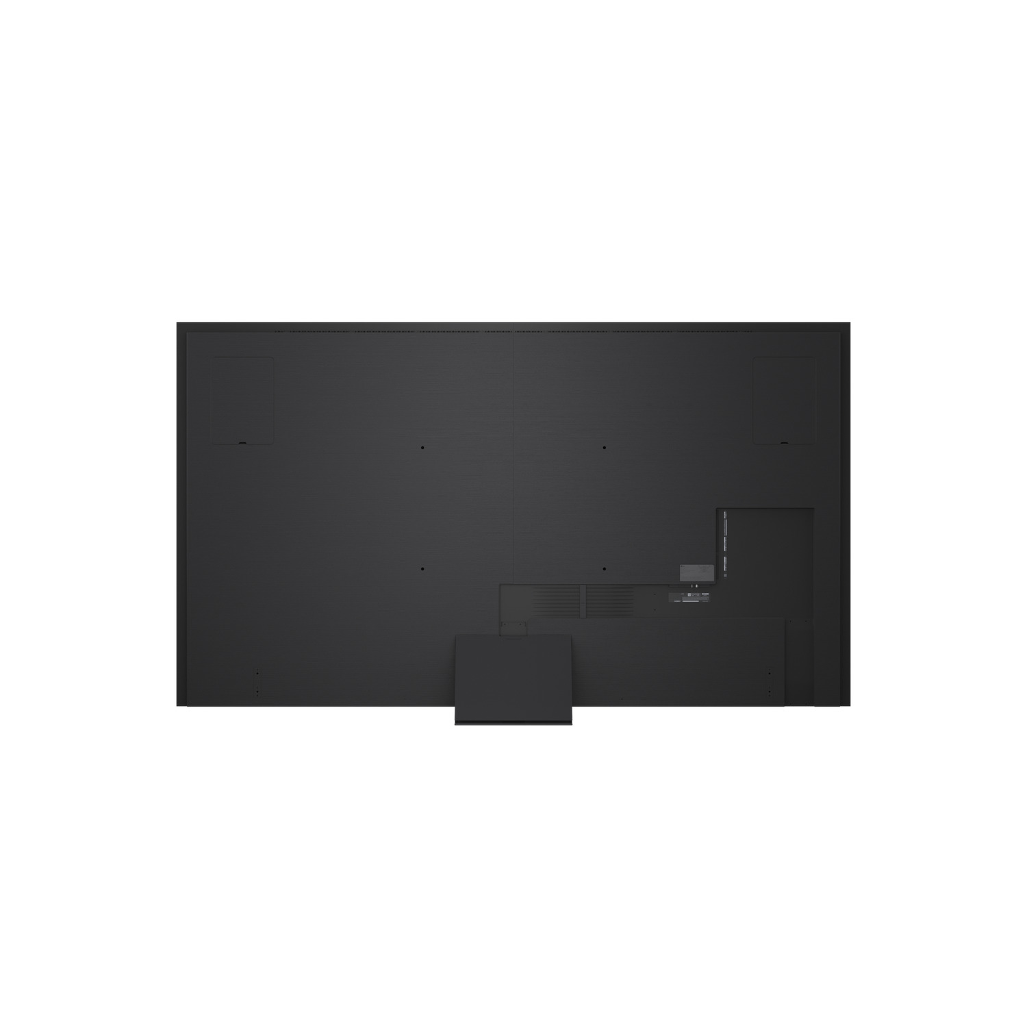 Large, dark gray television screen against a white background. Features ports, vents, and a small, square stand at the bottom.