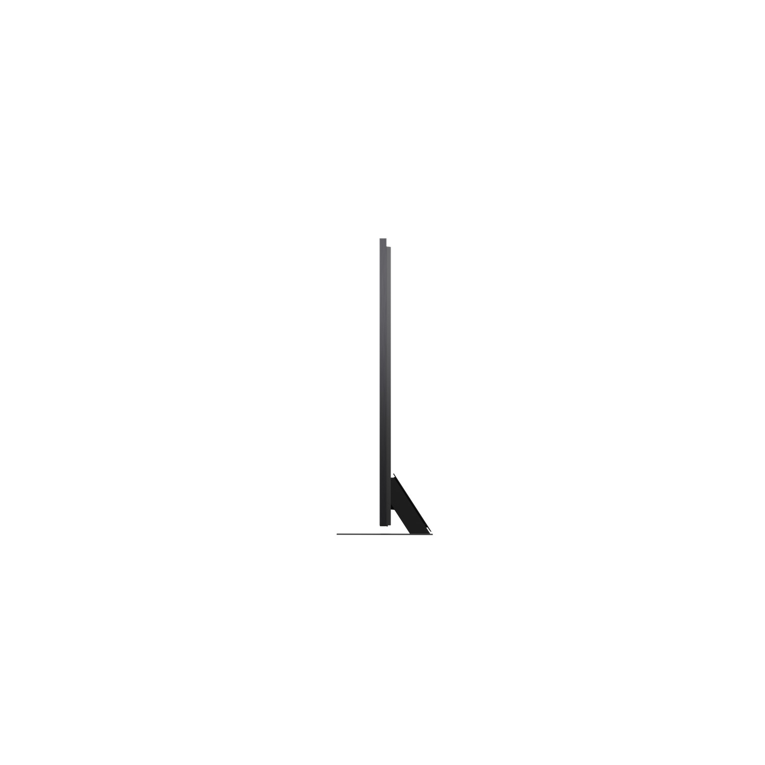 A black television stands upright against a white background. The TV is thin, the stand is triangular.