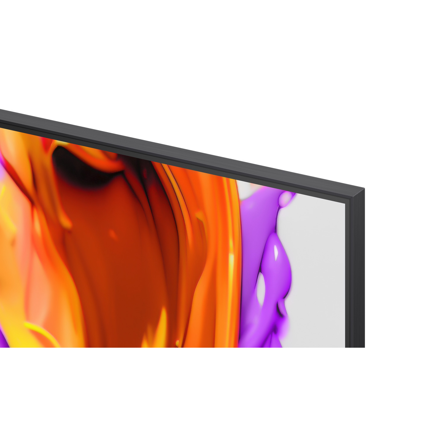 Close-up of a TV screen showing abstract orange and purple shapes against a white background, framed by a dark gray bezel.