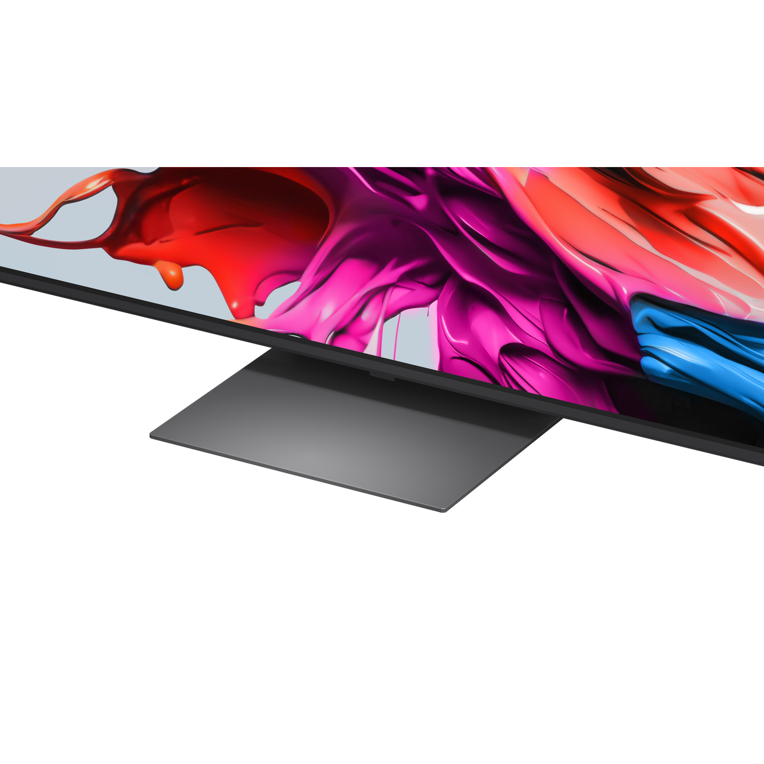 A TV screen displays colorful abstract art. The TV sits on a gray stand. White background.