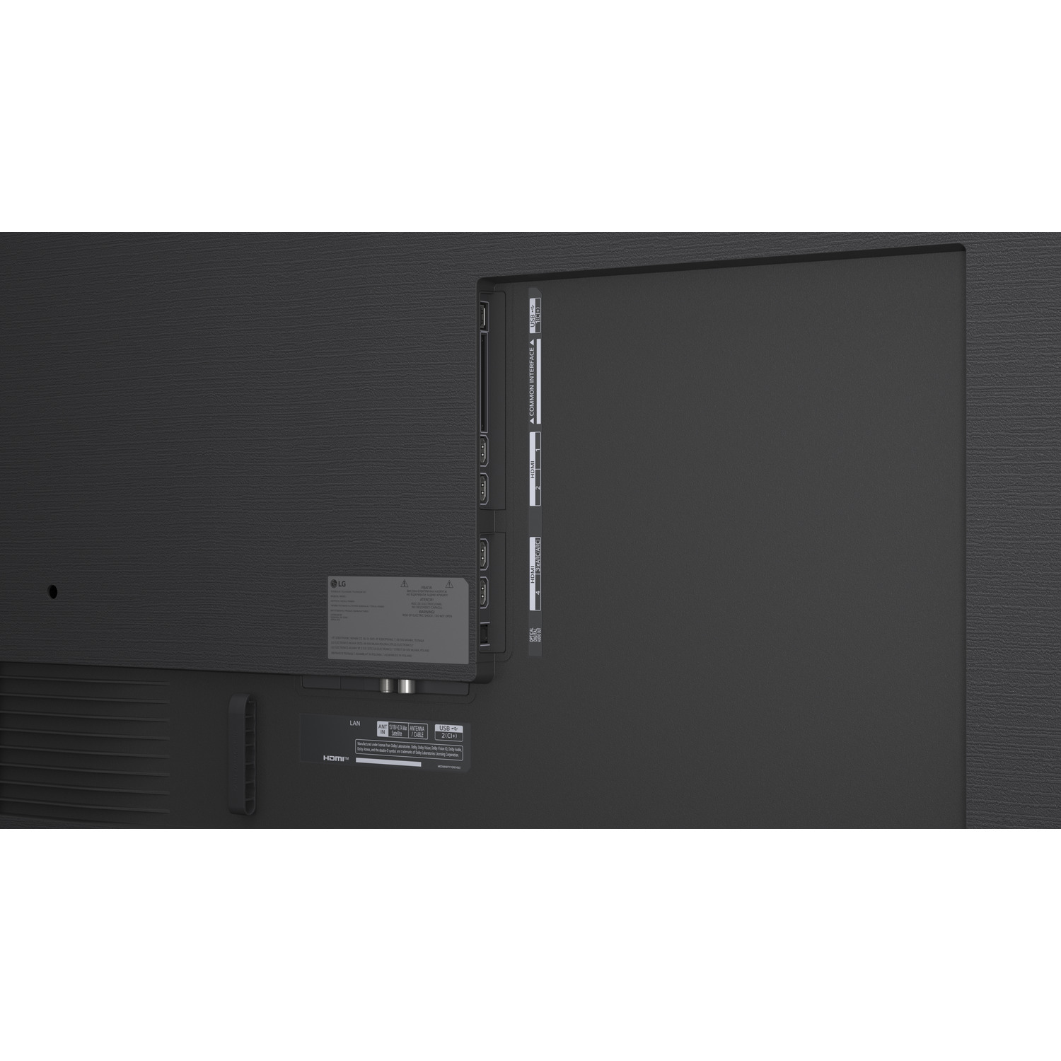Back of a black LG TV. Ports include HDMI, LAN, USB, and antenna. Labels and an LG logo are also visible.