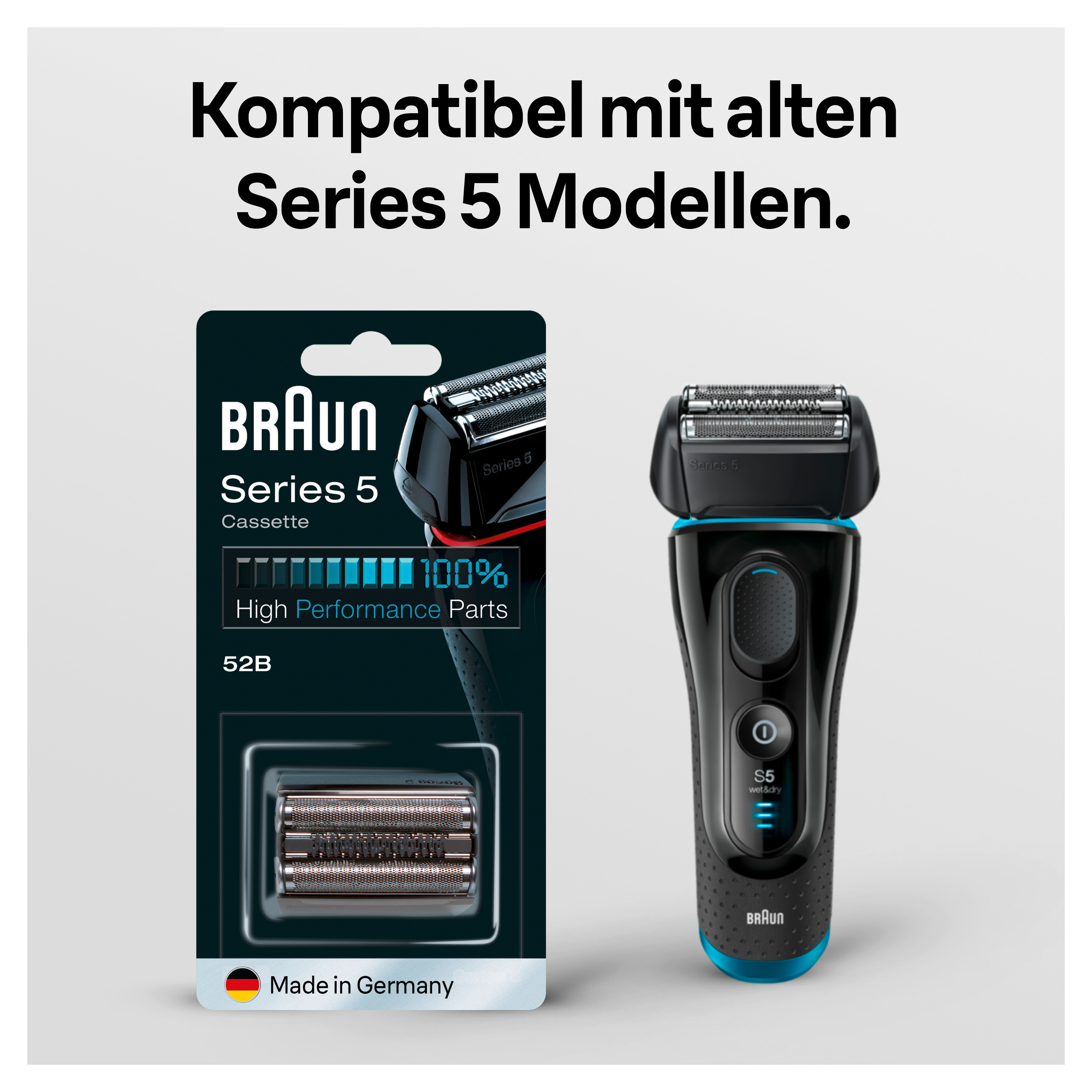 Image d'un rasoir Braun Series 5 et cassette de rechange. Texte: High Performance Parts, Made in Germany.