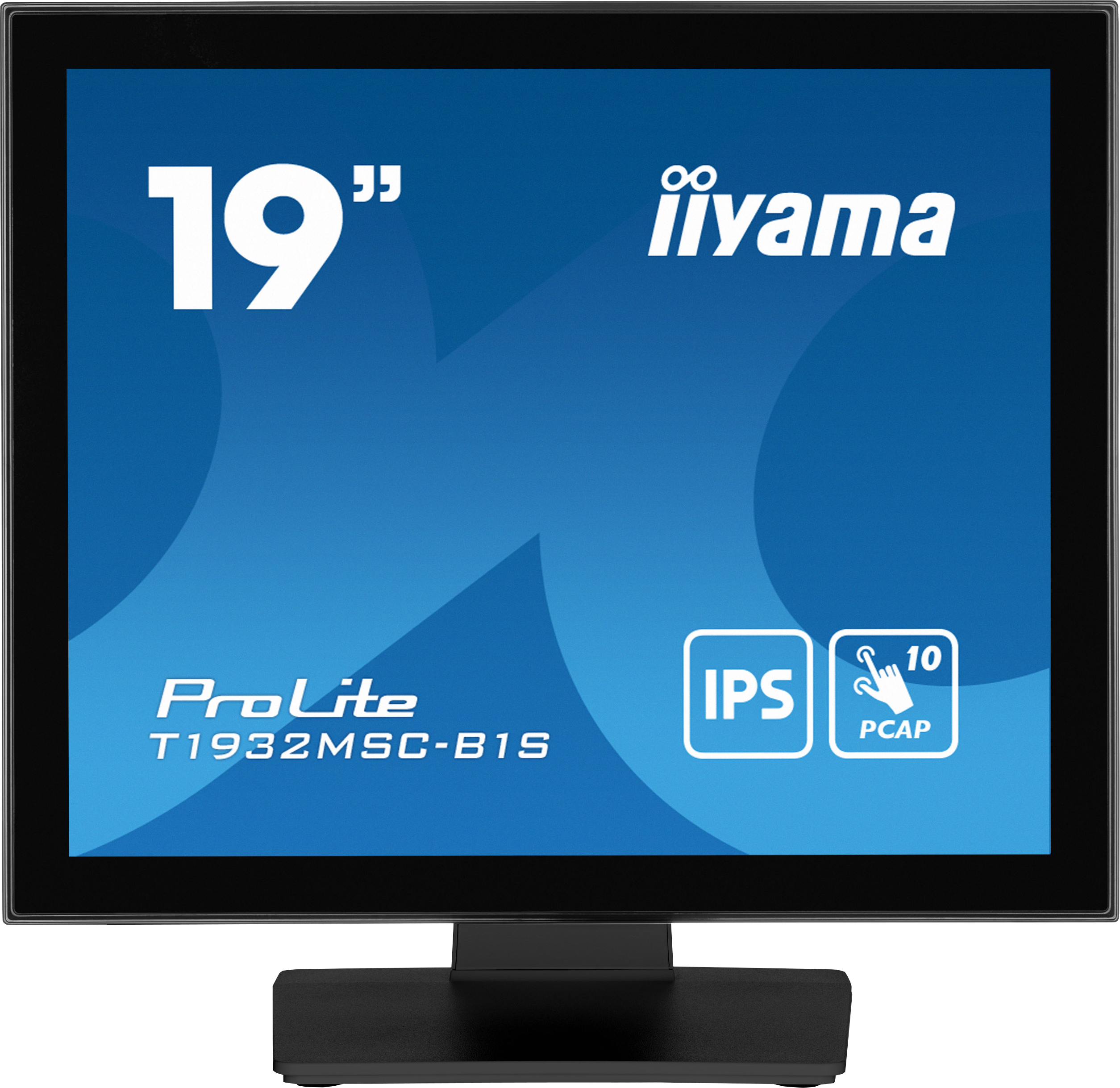 19" Iiyama Touchscreen-Monitor. Schwarzer Rahmen, blauer Bildschirm mit weißem Text und Symbolen. Schwarzer Ständer.