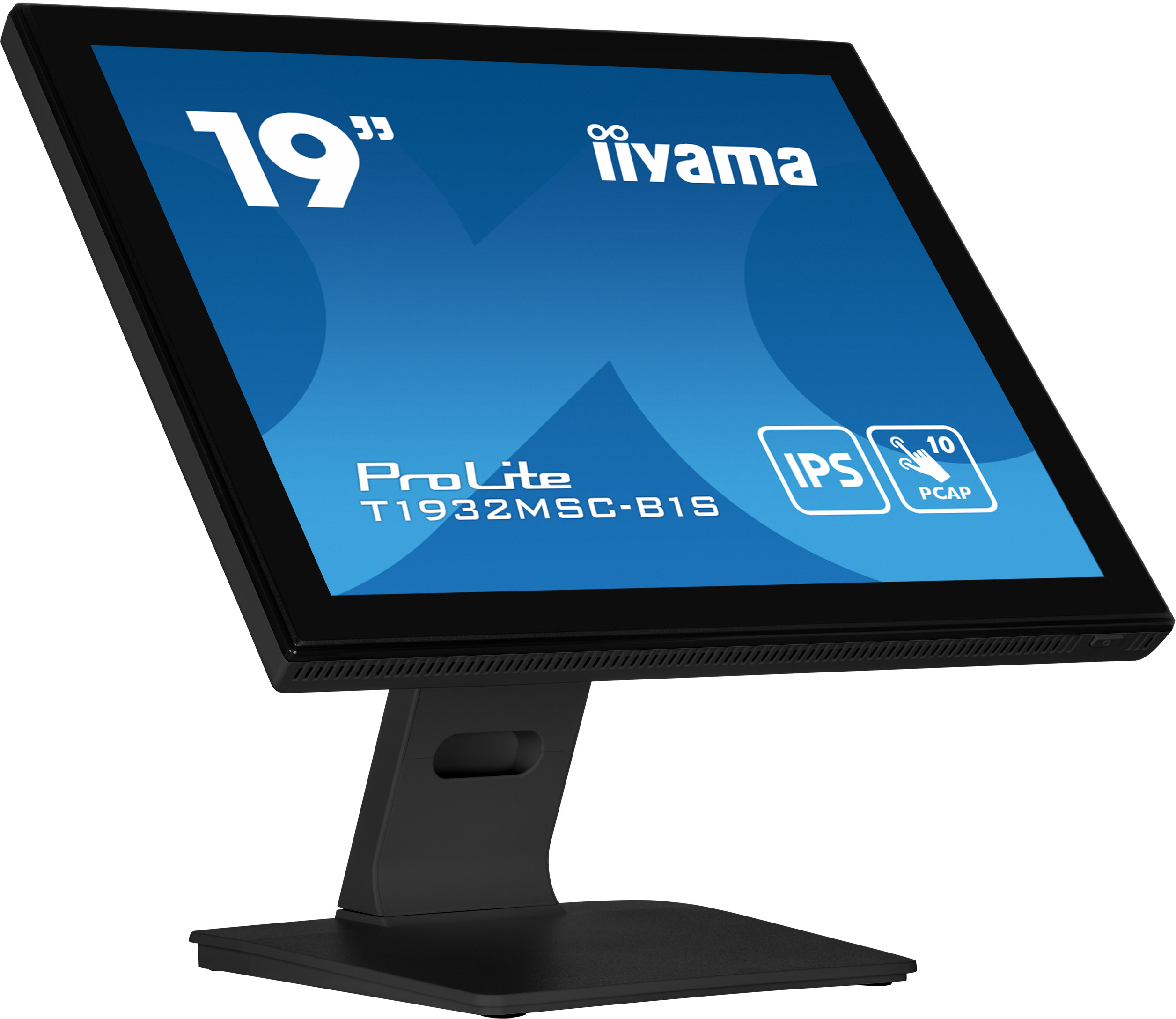 Schwarzer 19" iiyama ProLite Monitor, T1932MSC-B1S, mit Touchscreen und IPS-Technologie, auf schwarzem Ständer.