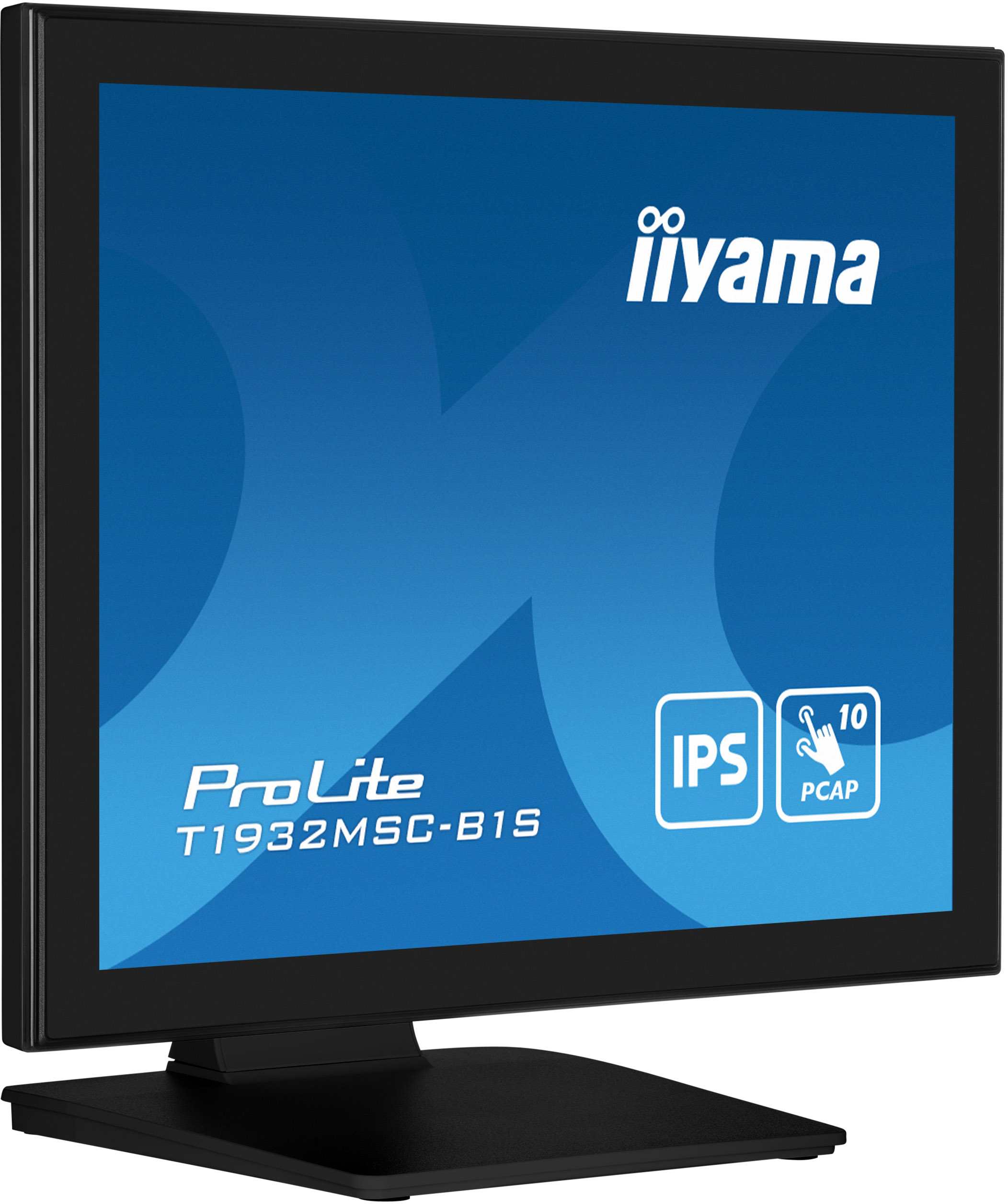 Schwarzer Computermonitor mit blauem Bildschirm. Er hat das iiyama-Logo und ProLite-Modellinfo. Er steht auf einem schwarzen Ständer.