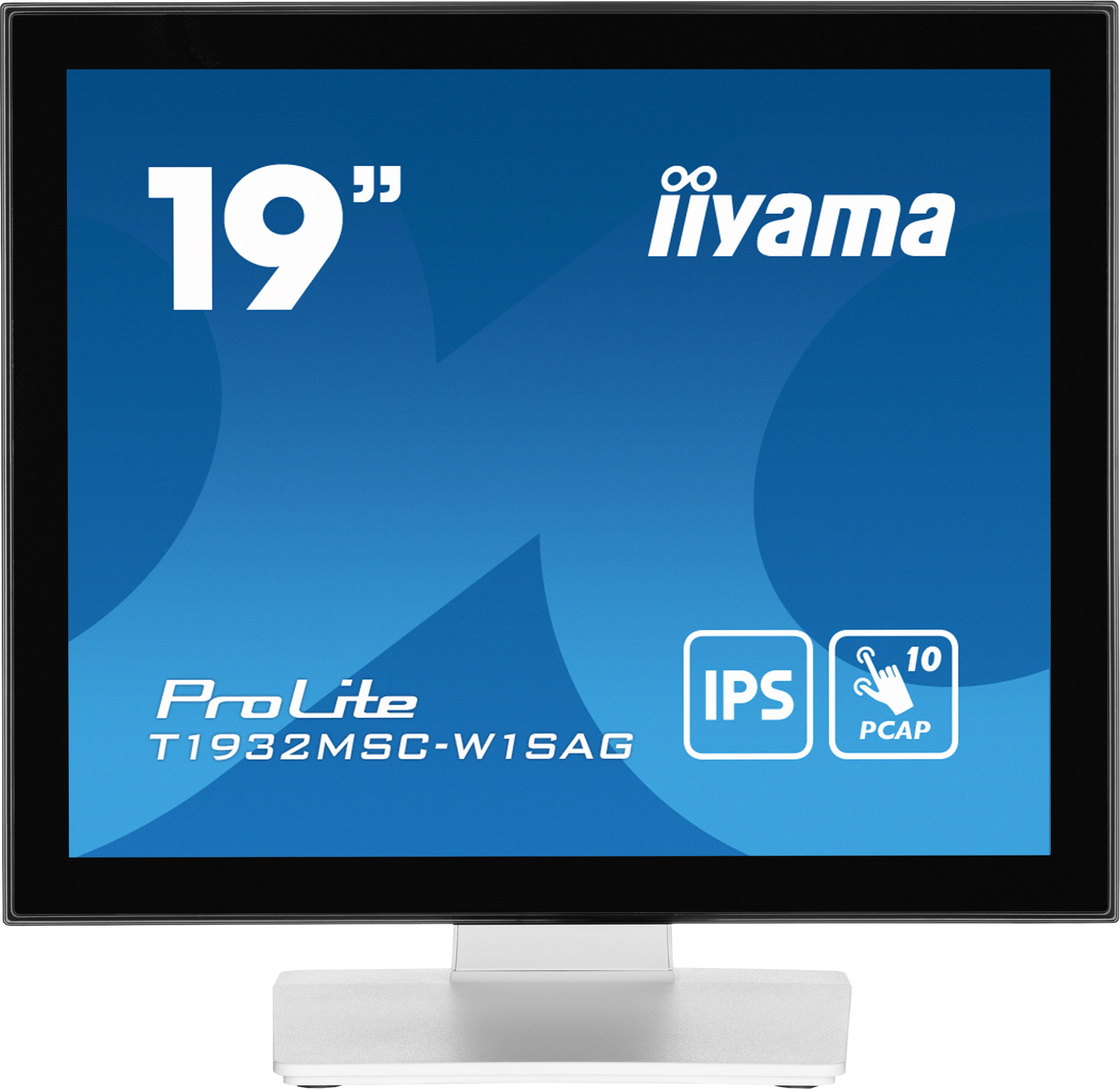 19" iiyama ProLite Monitor. Blauer Bildschirm mit weißem Text und Symbolen. Schwarzer Rahmen und weißer Ständer.