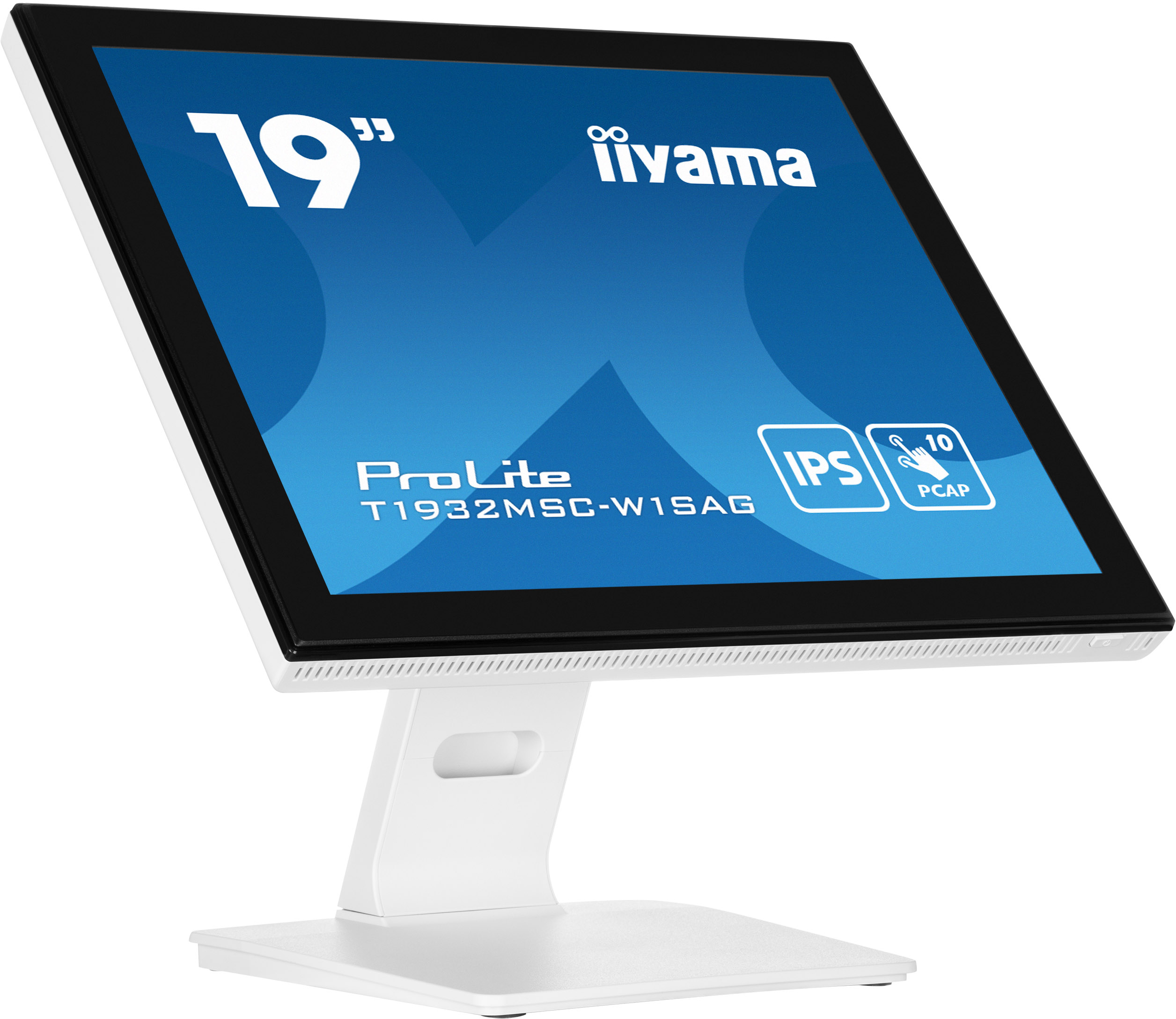 Ein weißer Iiyama ProLite 19" Touchscreen-Monitor. Er hat einen schwarzen Rahmen und einen weißen Ständer.