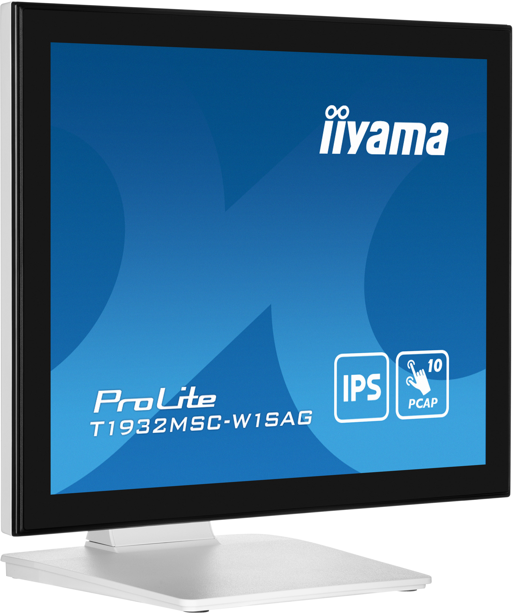 Ein Iiyama ProLite Monitor. Der Bildschirm zeigt Markennamen, Spezifikationen und IPS/PCAP-Funktionen auf weißem Ständer.
