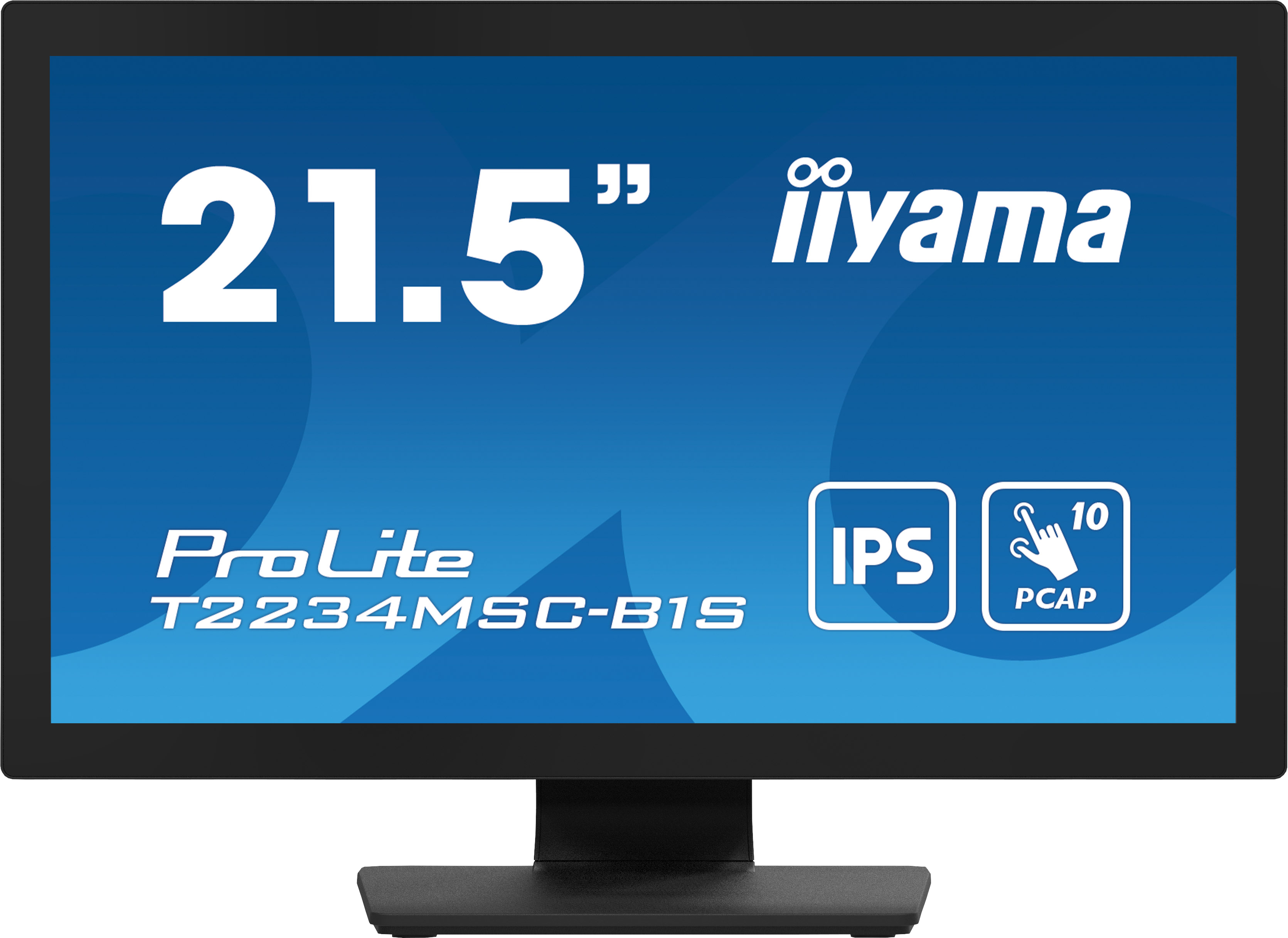 Ein schwarzer Computermonitor zeigt '21.5"' und 'iiyama' auf blauem Hintergrund. Er hat 'ProLite' und 'IPS'-Anzeigen.