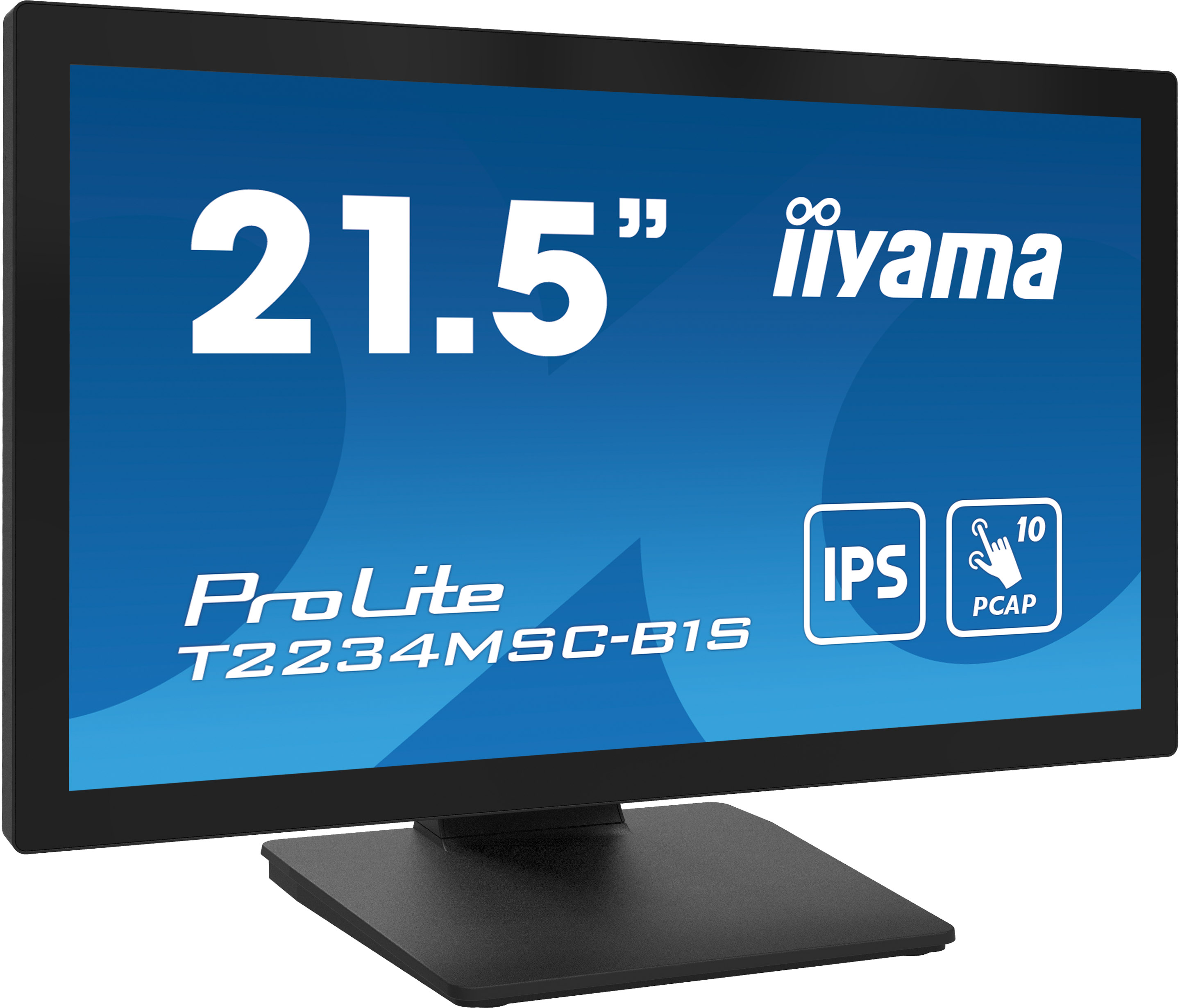 Ein 21,5" Iiyama ProLite Monitor, schwarzer Rahmen, schwarzer Ständer, blauer Bildschirm mit weißem Text und Symbolen.