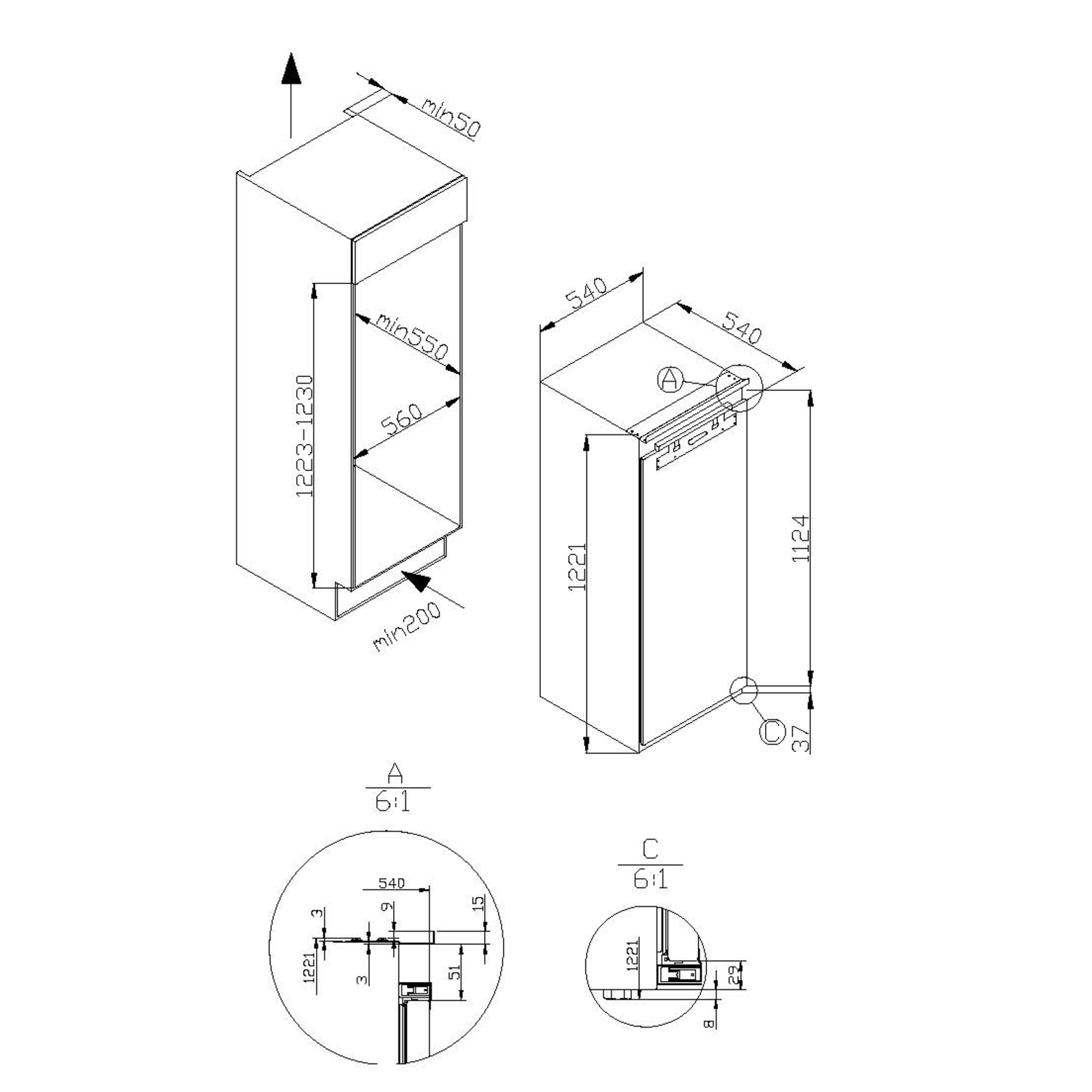 Technical drawing of two rectangular objects with dimensions and annotations. Includes details on 1221mm, 540mm, and 560mm measurements.
