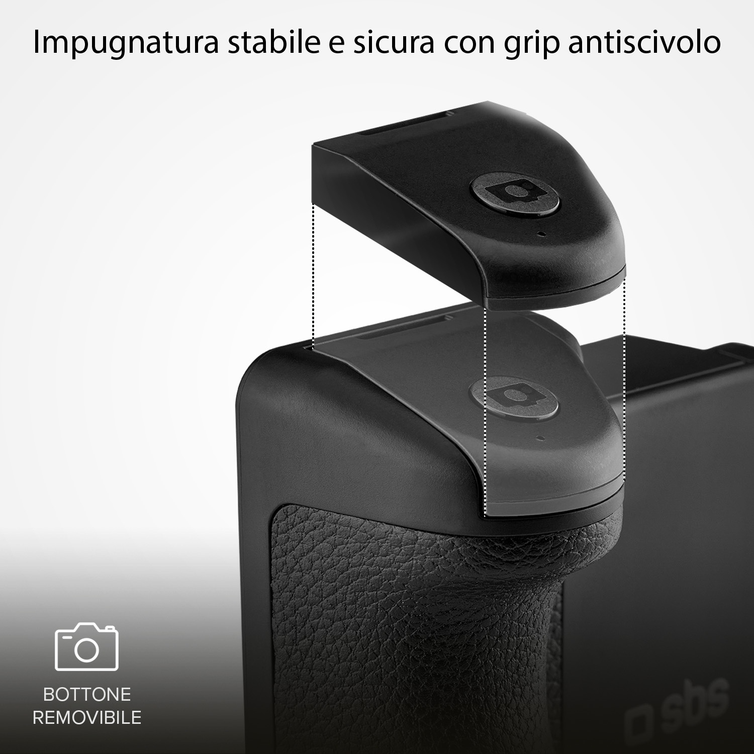 Dispositivo di presa nero con pulsante rimovibile. Presenta un'impugnatura strutturata e un logo nell'angolo in basso a destra.