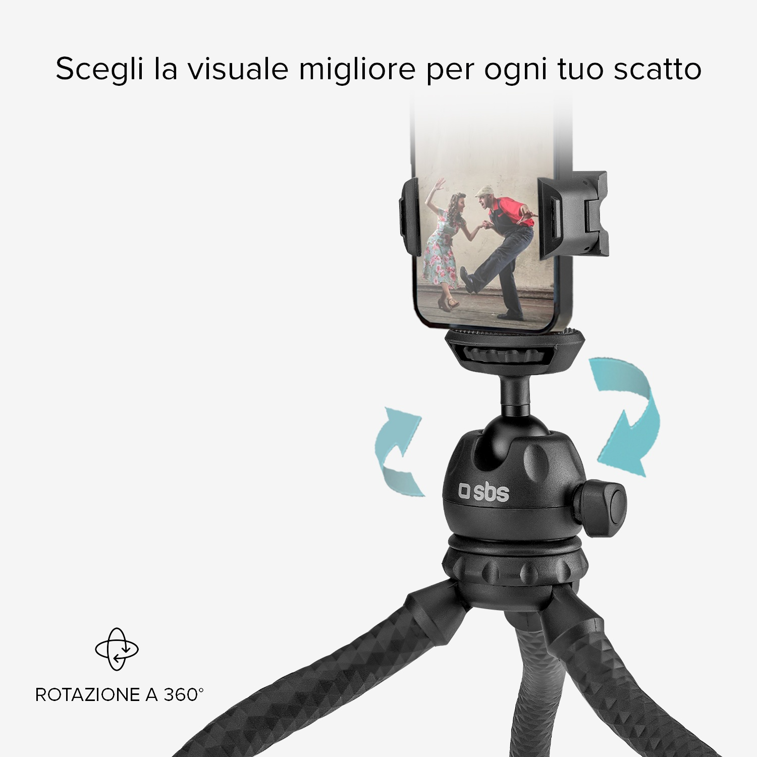Treppiede nero che tiene un telefono che mostra persone che ballano. Il testo in alto dice 'Scegli la vista migliore per ogni scatto'.