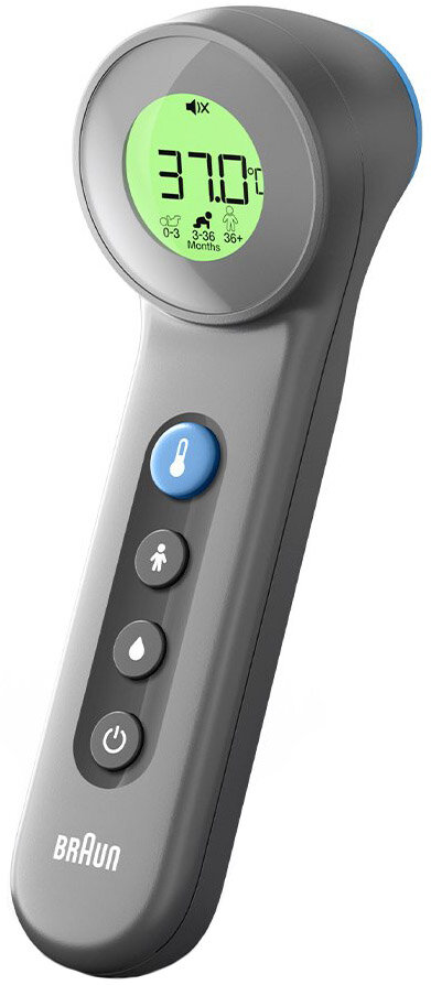 Szary termometr Braun, wyświetlający 37,0 stopni Celsjusza. Ma niebieskie i czarne przyciski z symbolami dziecka i zasilania.