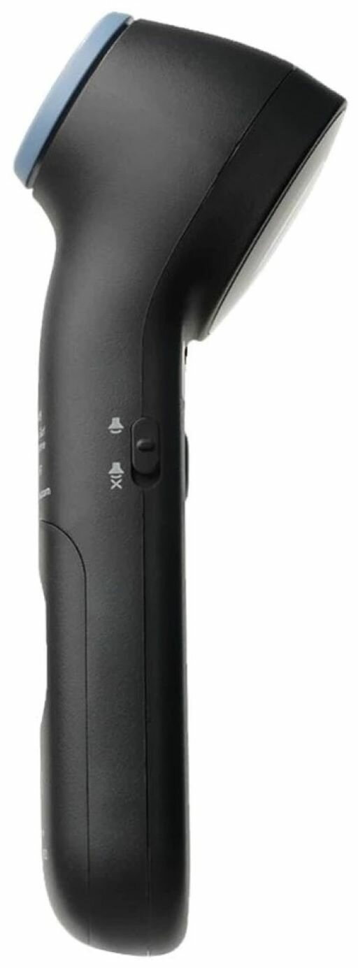 Czarny termometr na podczerwień. Ma niebieski wierzch, przycisk i symbole. Tło jest białe.