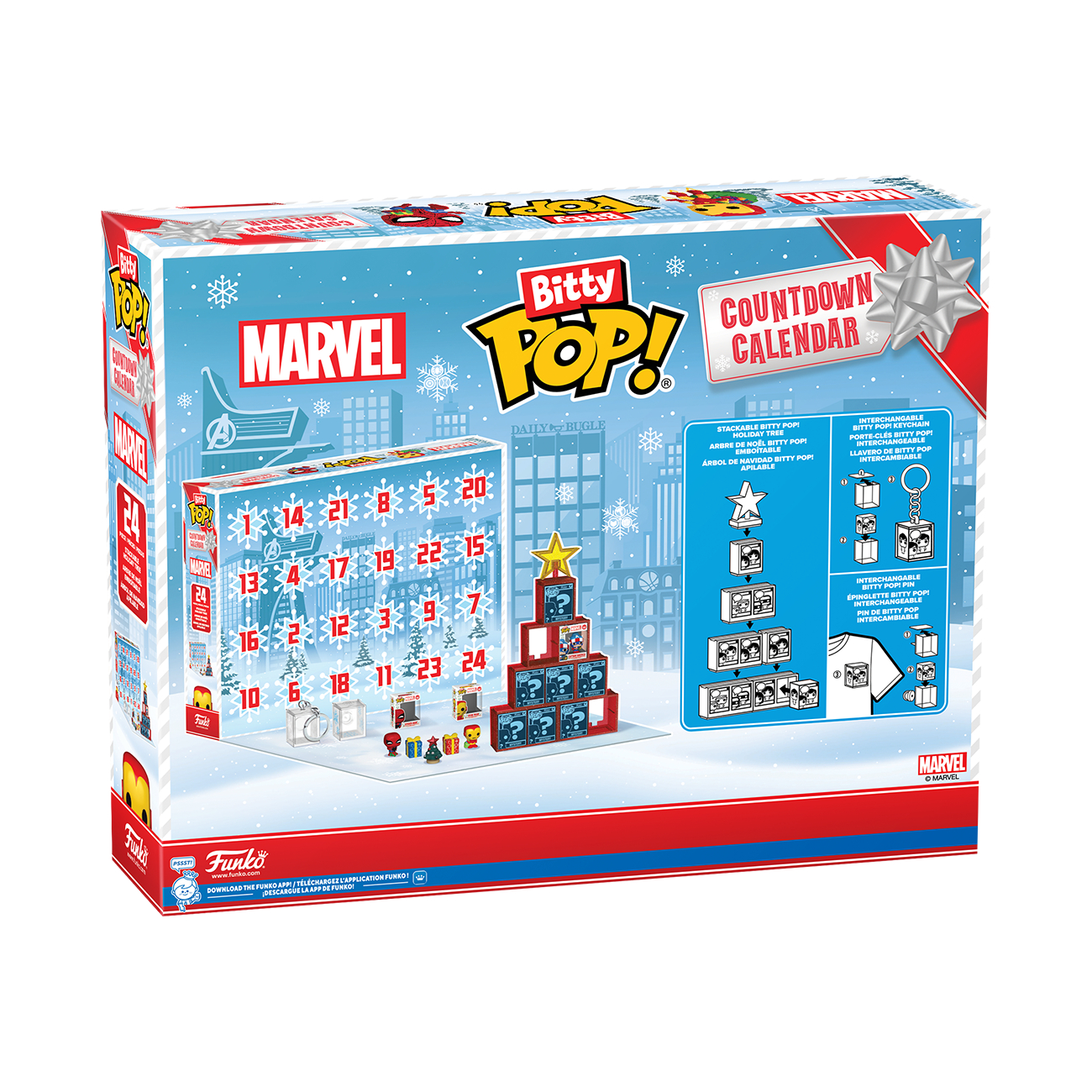 Marvel Bitty Pop! Adventskalender. Blaue Box mit Marvel-Logo und Countdown-Zahlen. Enthält Figuren und einen Sternbaum.