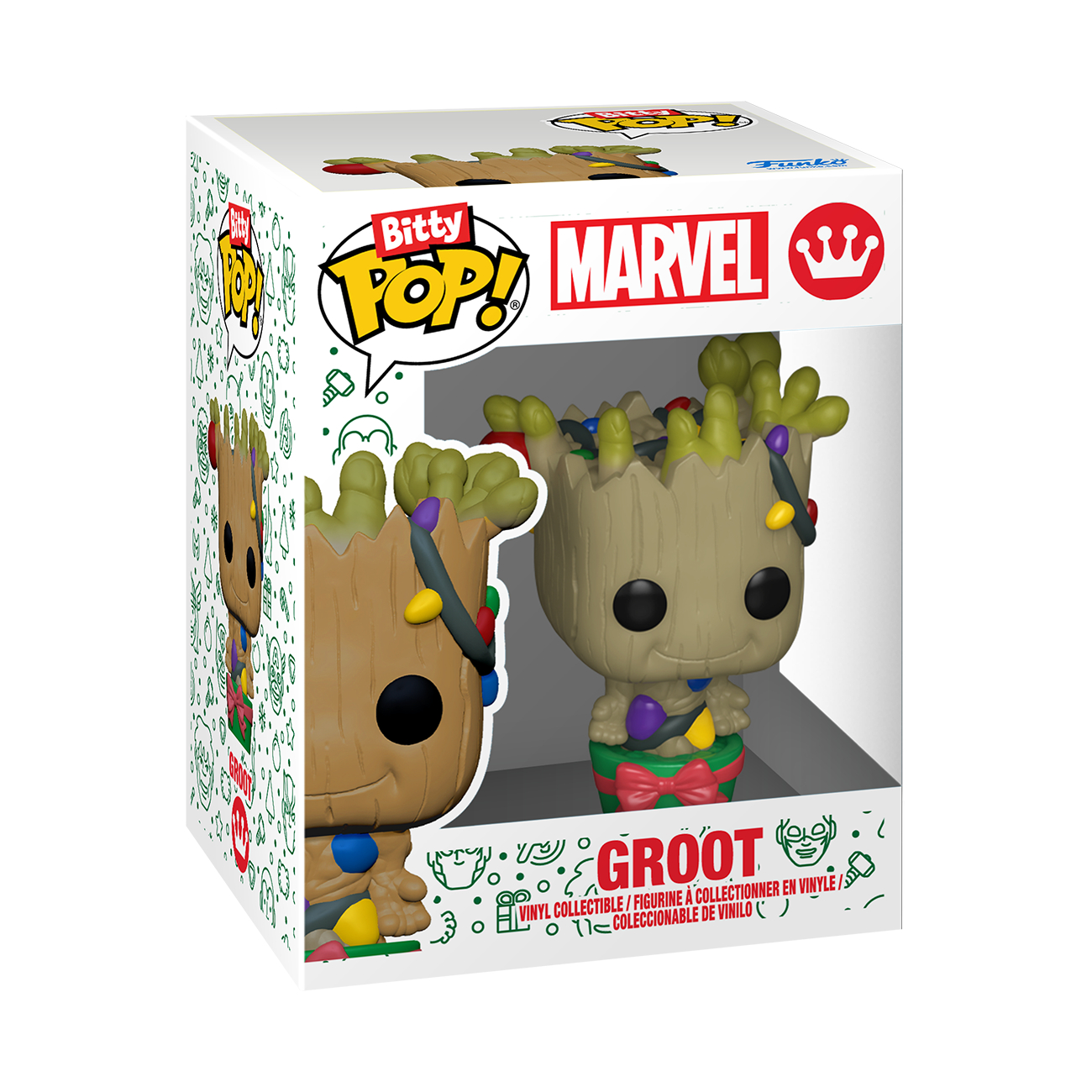Groot Bitty Pop Figur in einer Box. Es ist eine Holiday-Edition mit Lichtern und einer Schleife.