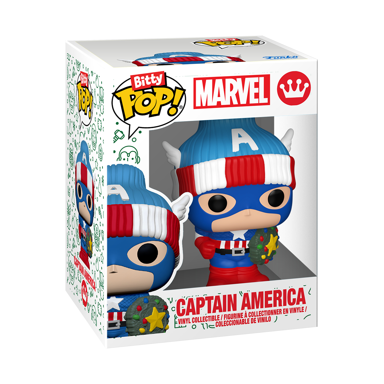 Eine Captain America Bitty Pop-Figur in einer Box. Sie trägt eine blaue, rote und weiße Wintermütze und hält einen Kranz.