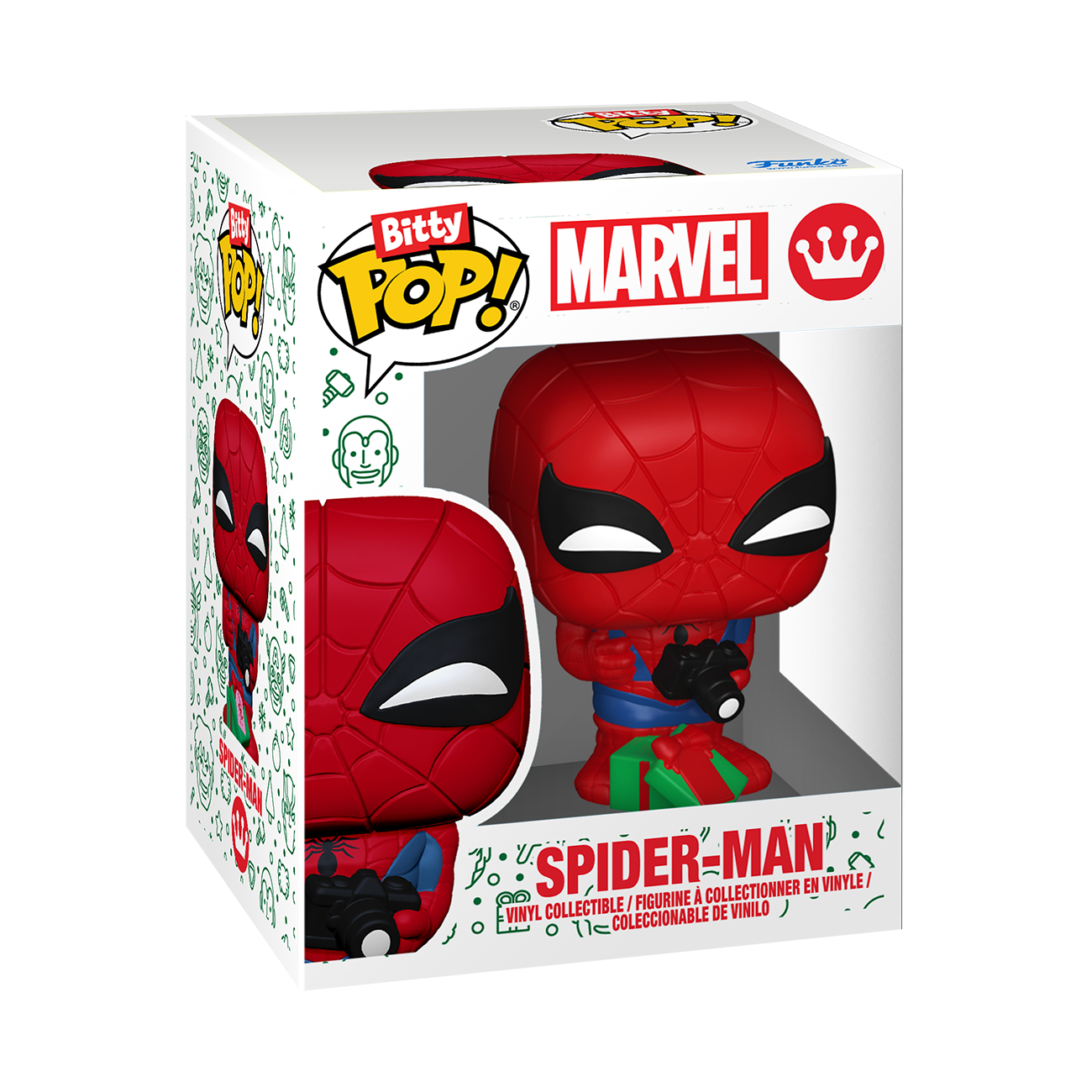 Eine Spider-Man Funko Pop Figur in einer Box. Die Figur ist rot mit schwarzen Augen und hält eine Kamera.