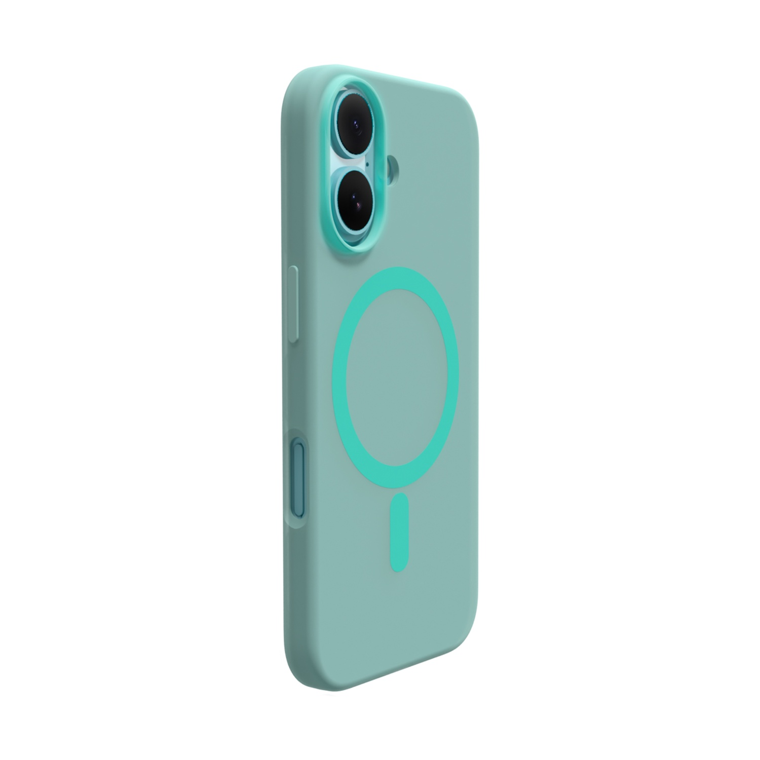 Una custodia per telefono verde acqua con un design circolare e due ritagli per la fotocamera. Sfondo bianco.