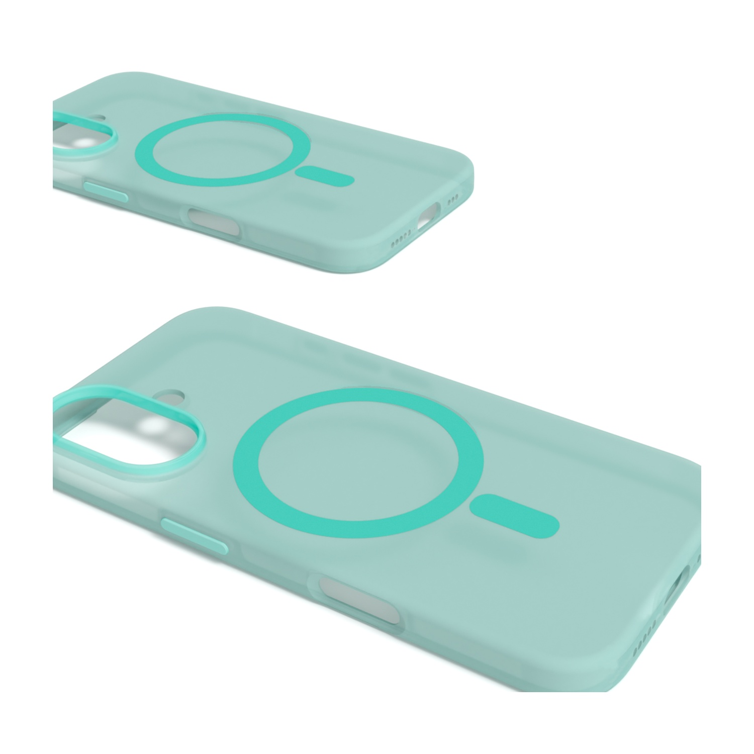 Due custodie turchesi per telefono. Ognuna ha un magnete circolare verde acqua e una piccola barra. Sfondo bianco.