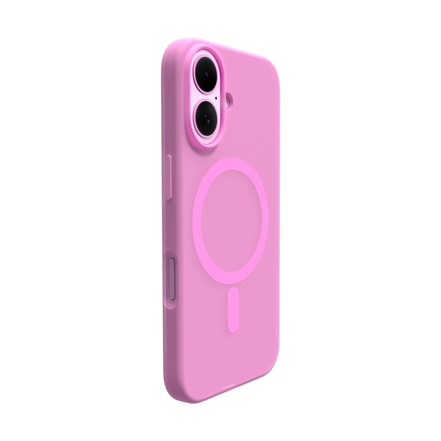Custodia rosa per telefono con lenti della fotocamera nere. Presenta un cerchio e una linea sul retro. Isolato su sfondo bianco.