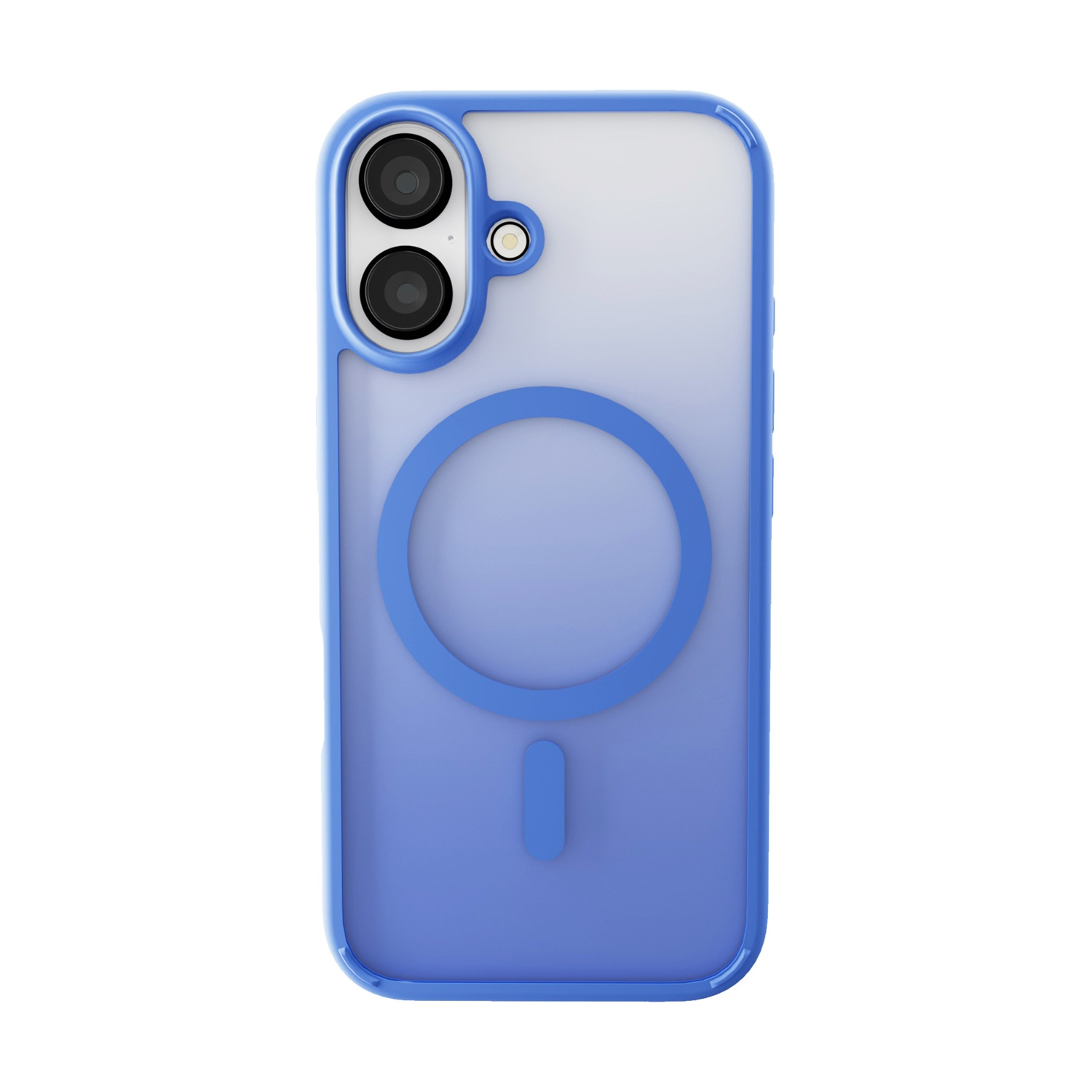 Custodia per telefono blu e trasparente. Ha un ritaglio per la fotocamera e un design circolare sul retro. Sfondo bianco.