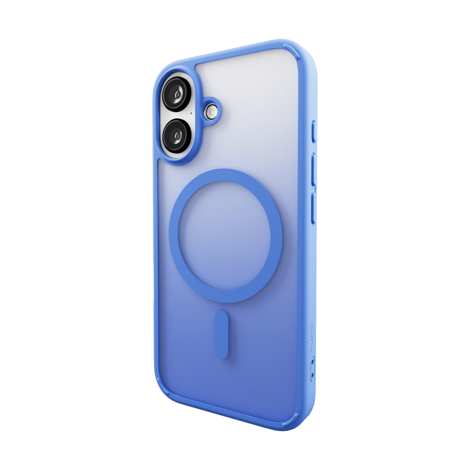Custodia blu per telefono con retro trasparente. Anello magnetico e ritagli per fotocamera. La custodia è blu e trasparente.