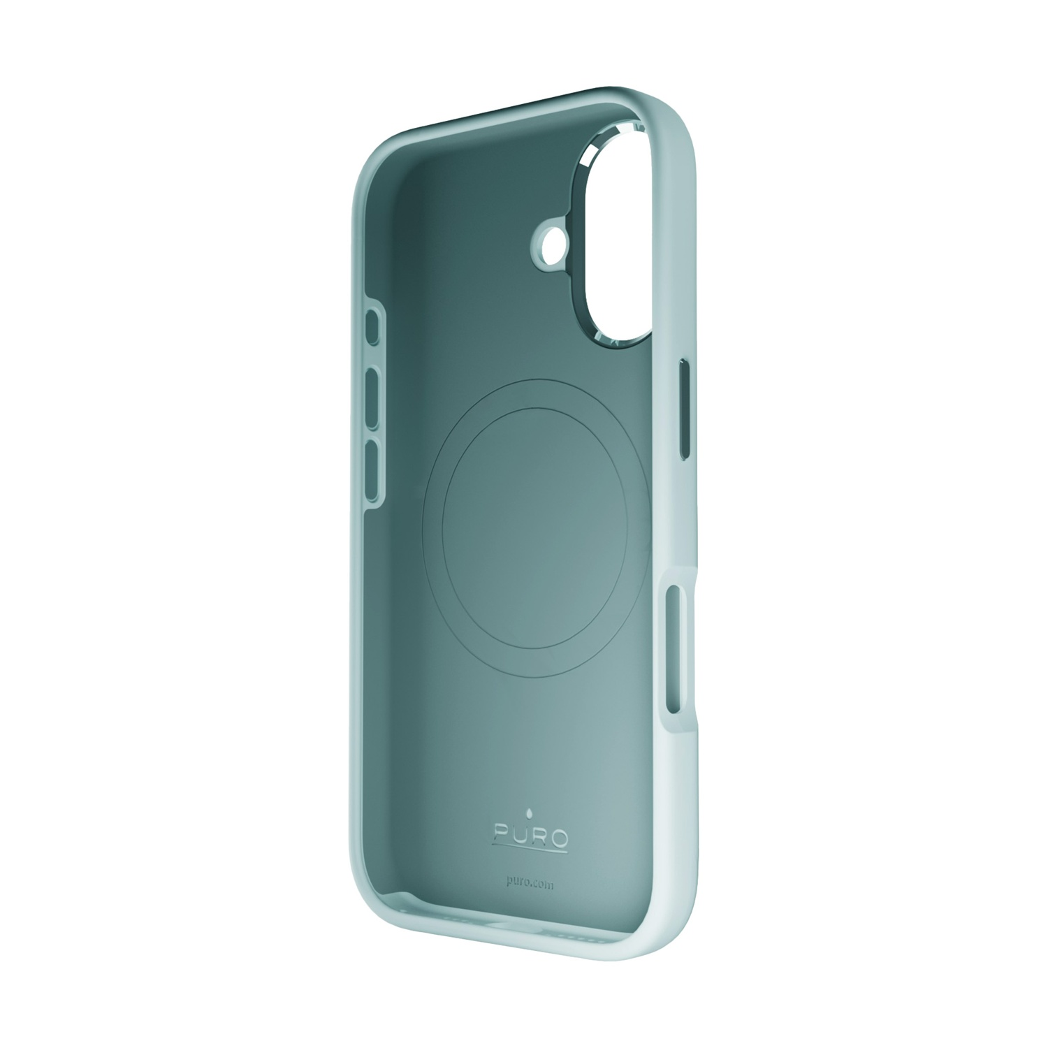 Una custodia per telefono verde acqua con bordo bianco. La custodia ha fori per fotocamera e pulsanti e il logo 'puro'.