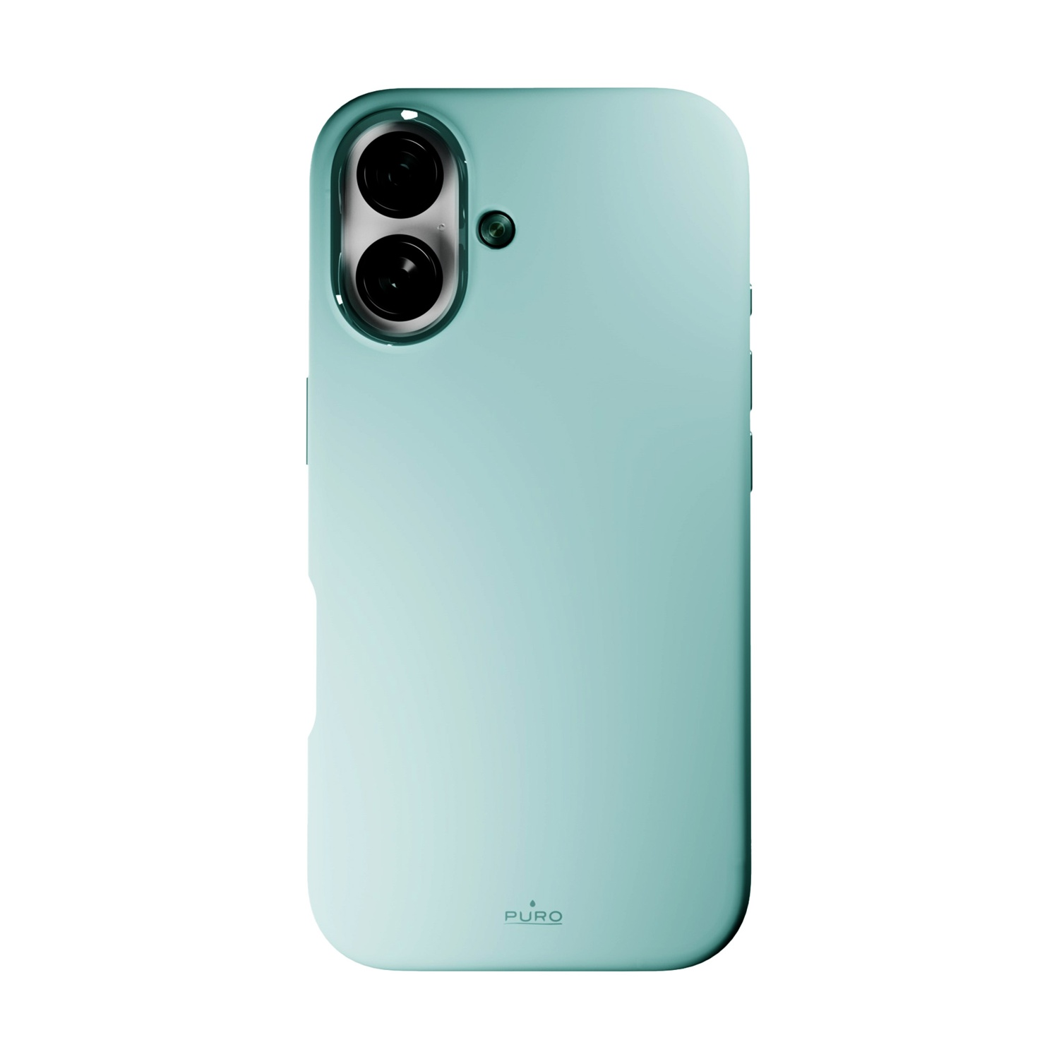 Una custodia per telefono verde acqua chiaro. Presenta doppia fotocamera e logo 'PURO' in basso. Bordi arrotondati e pulsanti.