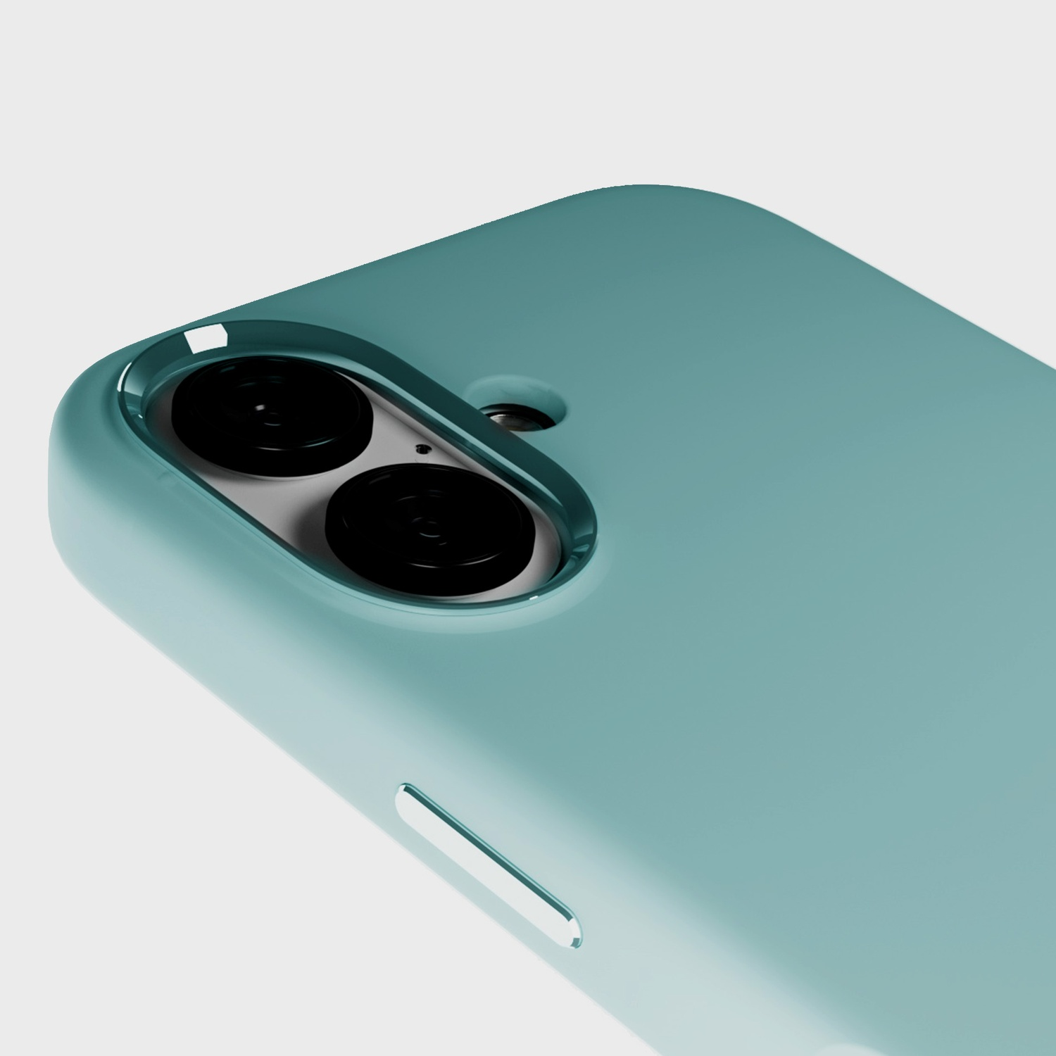 Primo piano. Custodia per telefono color acqua marina con due lenti nere su sfondo bianco.