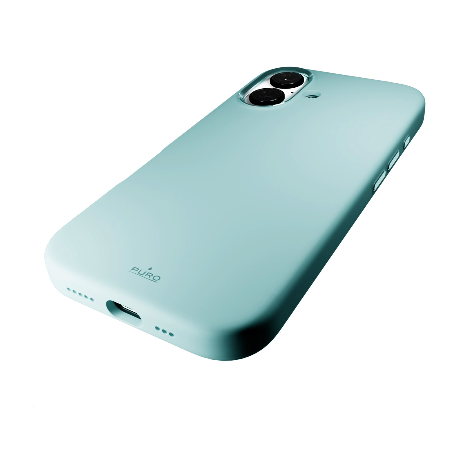Una custodia per telefono verde acqua chiaro con il marchio "PURO". Ha un ritaglio per la fotocamera e una porta di ricarica. Lo sfondo è bianco.