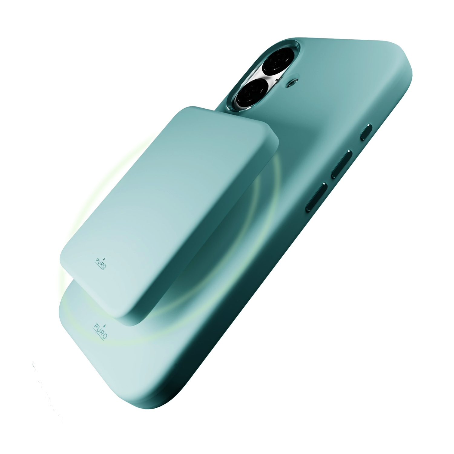 Custodia per telefono turchese con caricatore magnetico collegato. Entrambi hanno il logo Puro. Lo sfondo è bianco.