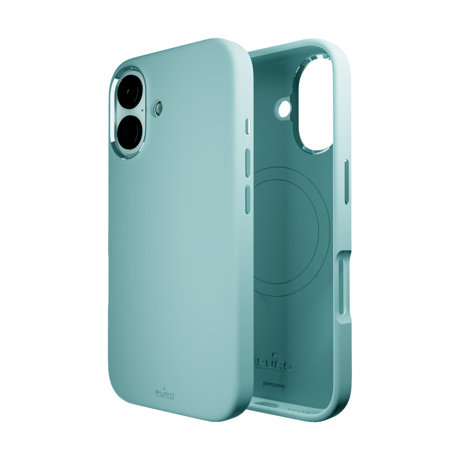 Custodia per telefono verde acqua in due parti. Una parte aperta, che mostra l'interno con il logo. L'altra mostra i ritagli della fotocamera.