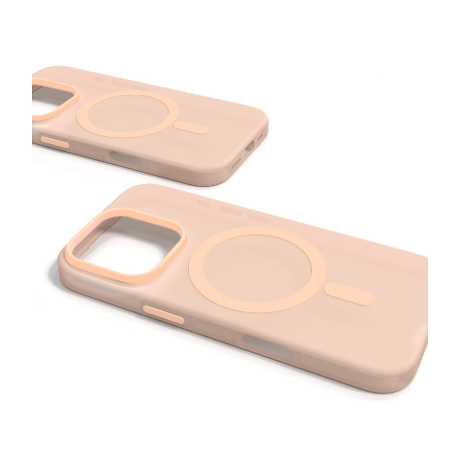 Due custodie per telefono color pesca su sfondo bianco. Ogni custodia ha un design circolare e una piccola forma rettangolare.