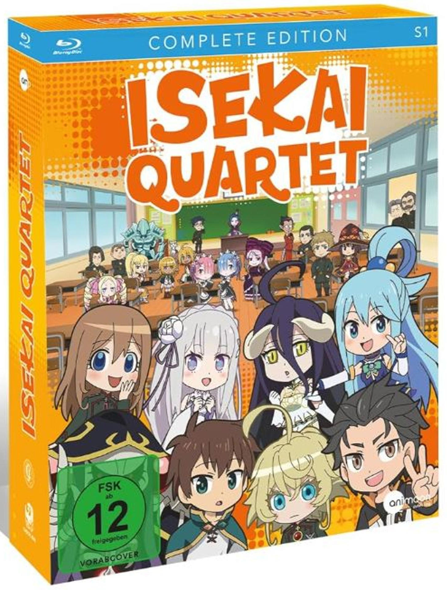 Anime-DVD-Cover mit dem Titel Isekai Quartet, mit Chibi-Charakteren aus verschiedenen Anime-Serien in einem Klassenzimmer.