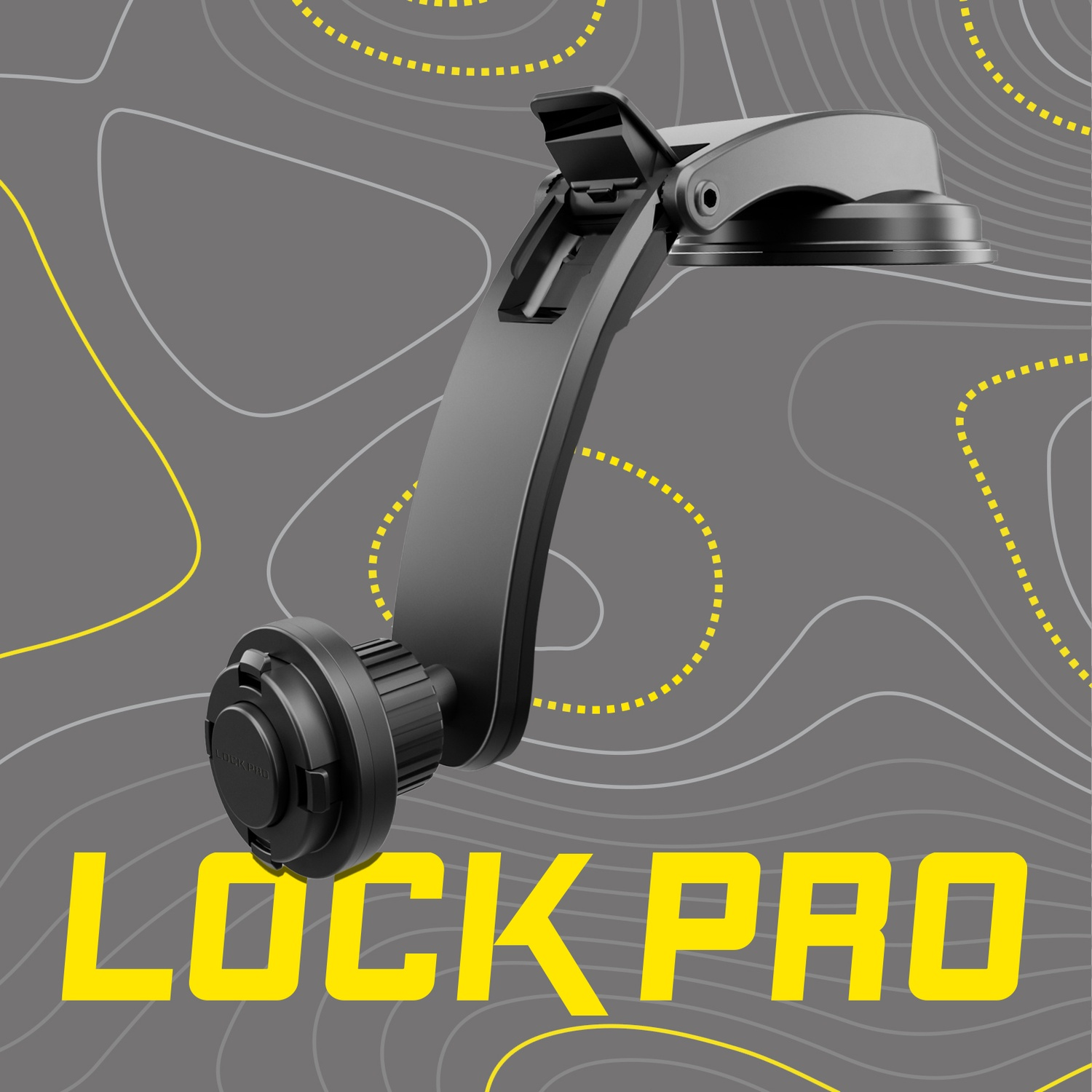 Supporto per telefono nero, testo giallo 'LOCK PRO' su sfondo grigio con linee tratteggiate.