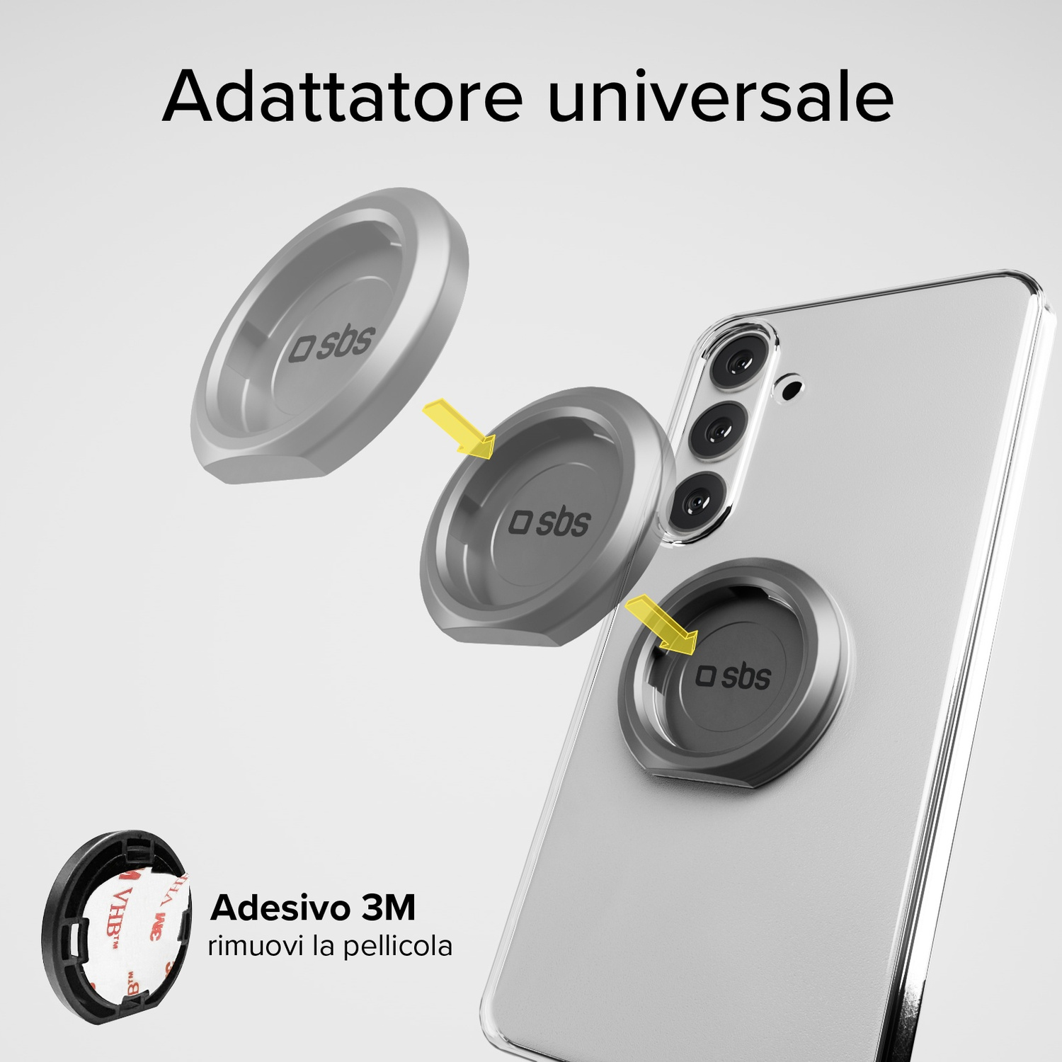 Un telefono argento con tre adattatori ad anello, un adesivo 3M e la scritta 'Adattatore universale'.