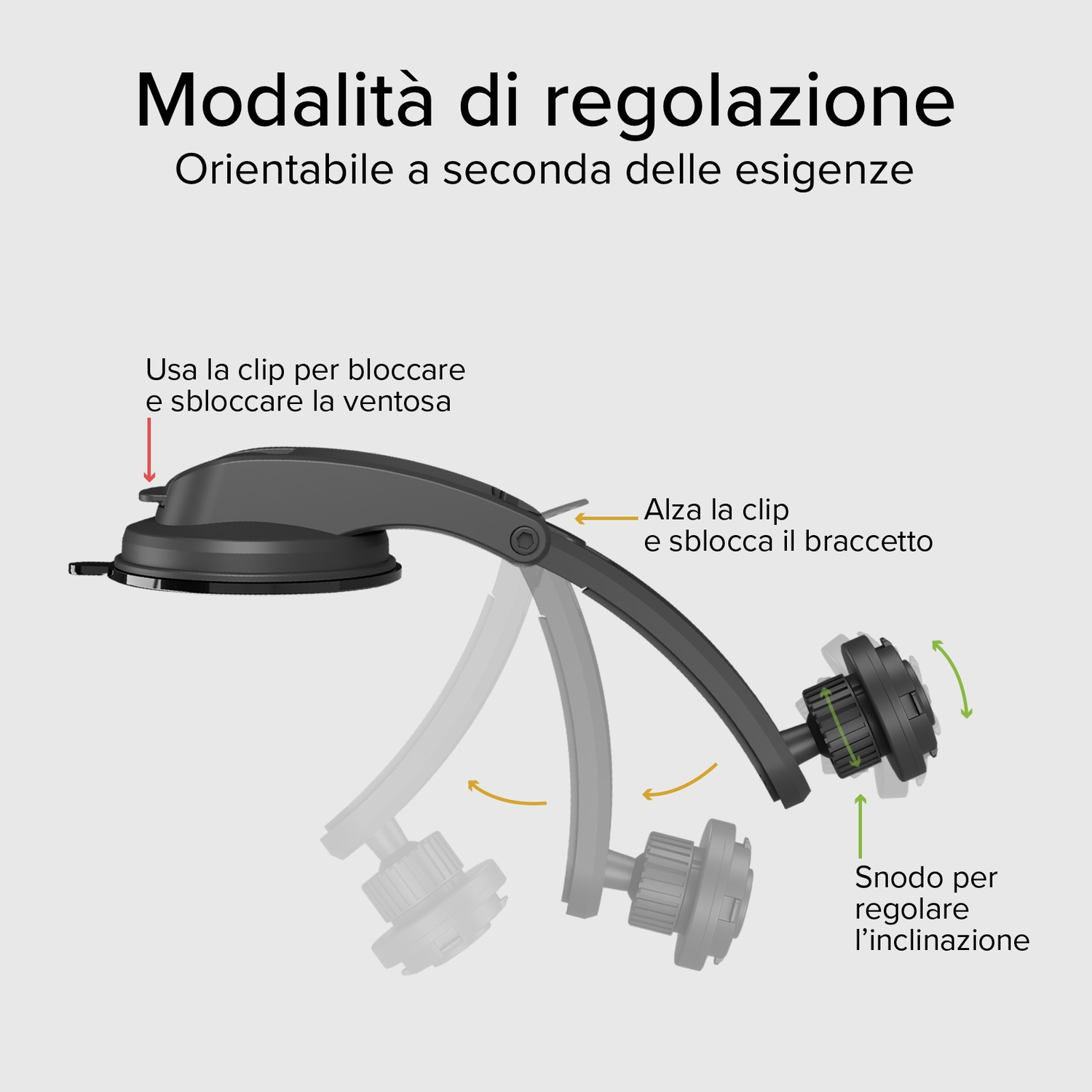 Diagramma di un supporto per telefono da auto nero con testo in italiano che spiega i passaggi di regolazione.