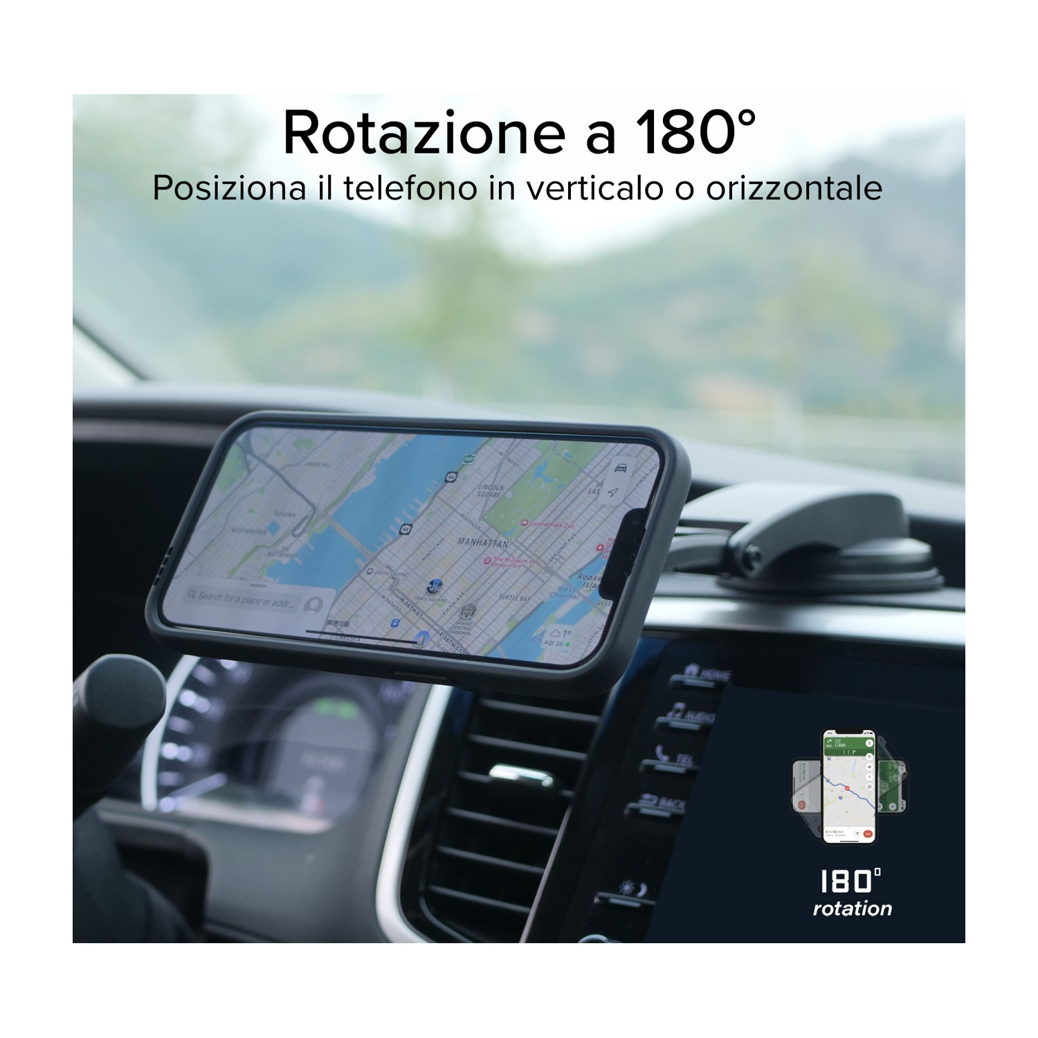 Telefono su supporto auto, con mappa. Immagine dimostra rotazione 180°. Testo italiano indica opzioni di posizionamento.