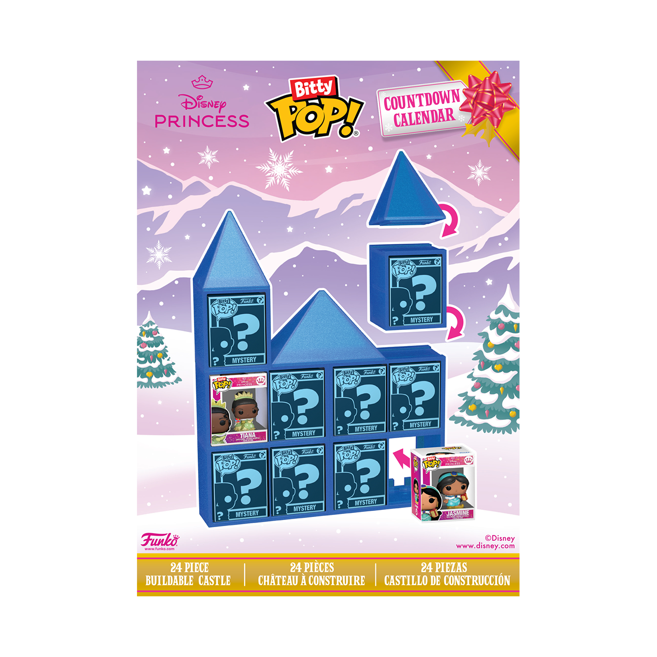 Disney Princess Bitty Pop! Adventskalender. Enthält ein blaues Schloss mit Mystery-Boxen und Figuren. Schnee im Hintergrund.