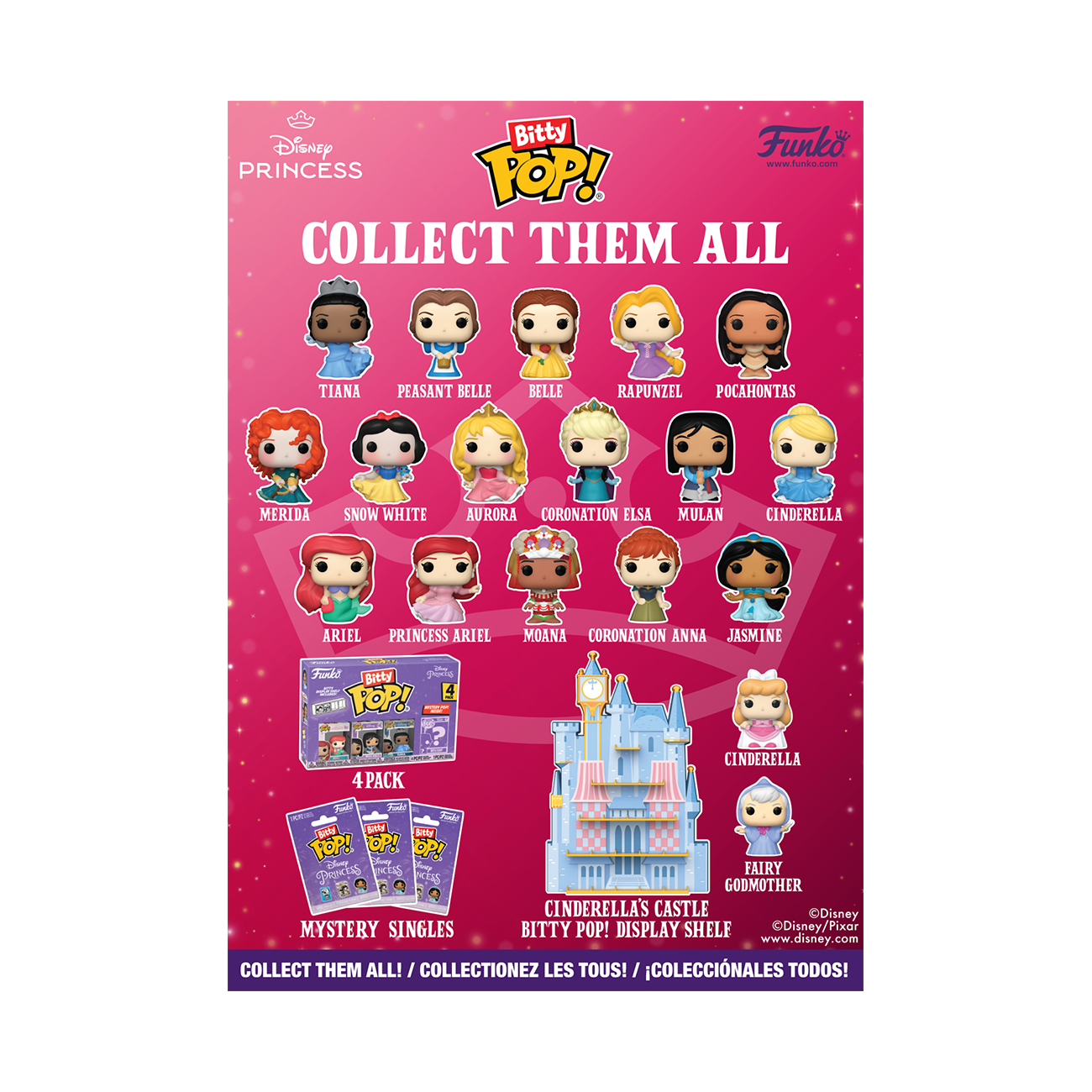 Ein Werbebild für Bitty Pop! Disney Prinzessinnen-Figuren. Es zeigt verschiedene Prinzessinnen-Figuren und verwandte Waren.