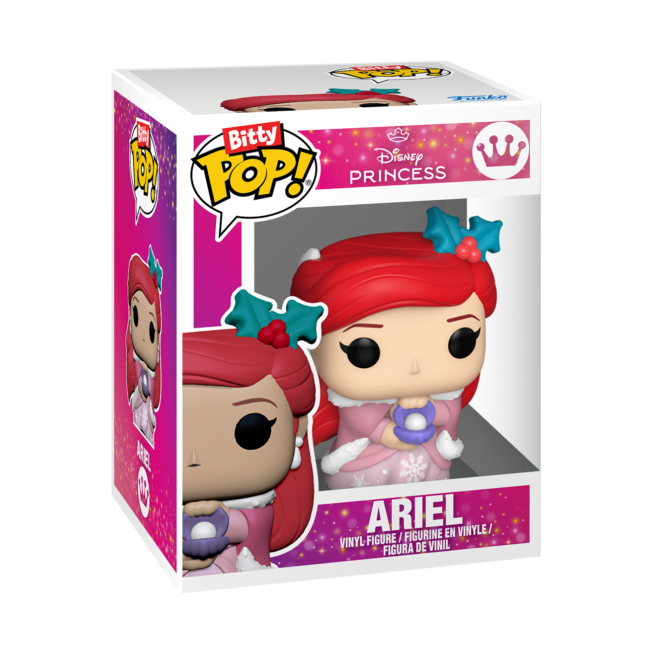 Ariel Funko Pop Figur in einer Box. Die Figur hat rotes Haar und trägt ein rosa Kleid. Auf der Box steht "Bitty Pop!"