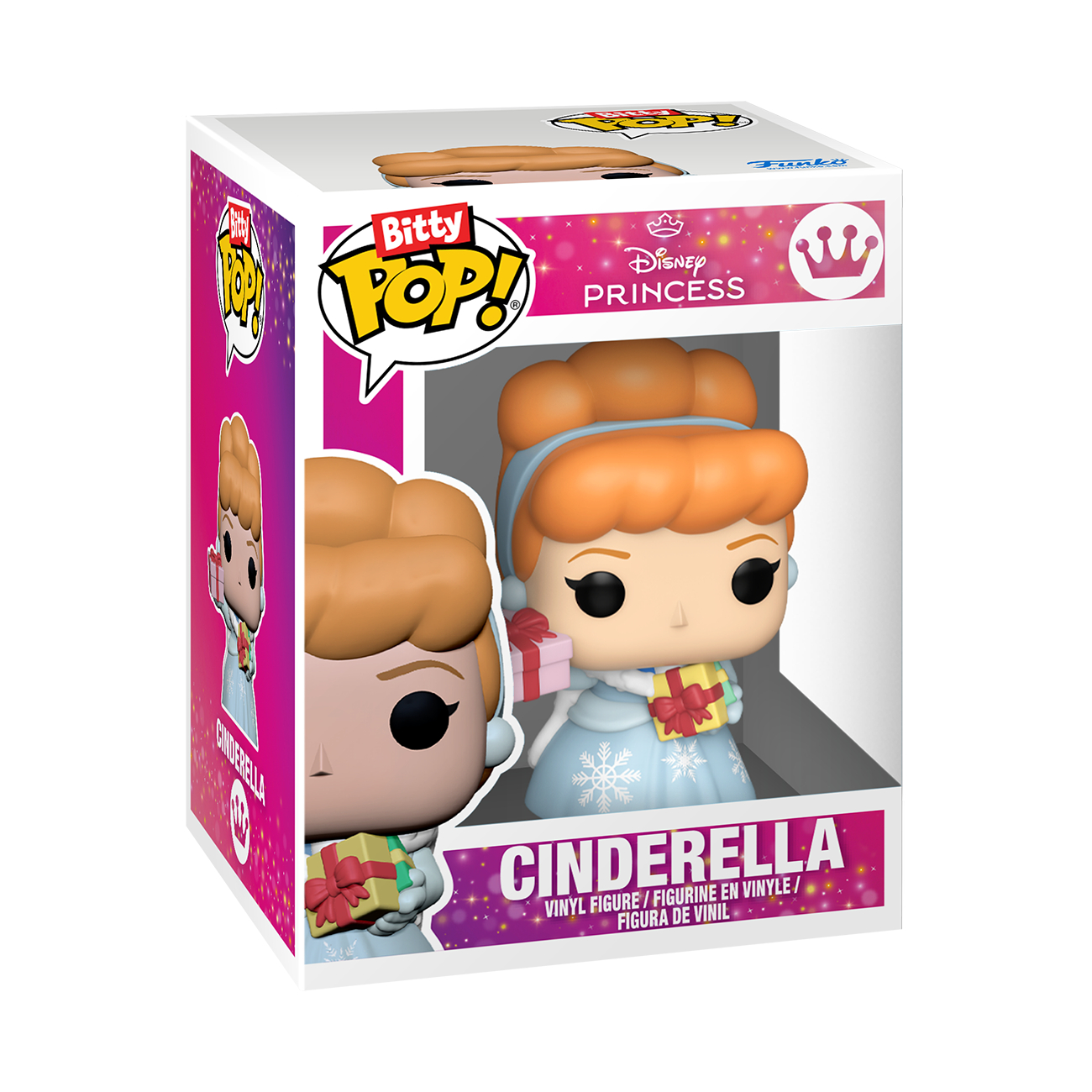 Eine Funko Pop-Box mit Cinderella. Sie trägt ein blaues Kleid und hält Geschenke. Die Box hat das Disney Princess und Bitty Pop Logo.