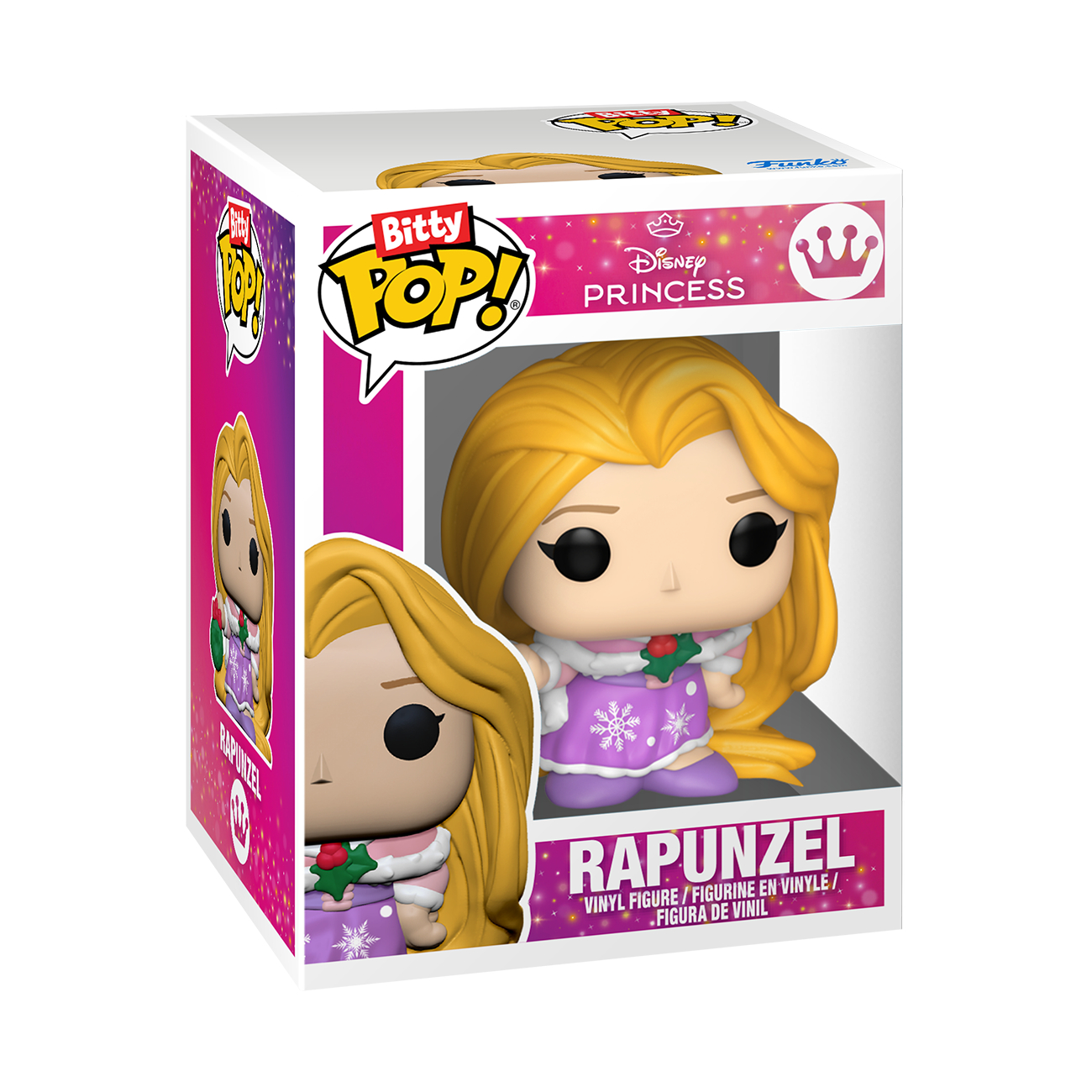 Eine Rapunzel Bitty Pop Vinylfigur befindet sich in einer Box. Die Box ist weiß und pink mit dem Disney Princess Logo. Rapunzel hat lange blonde Haare.