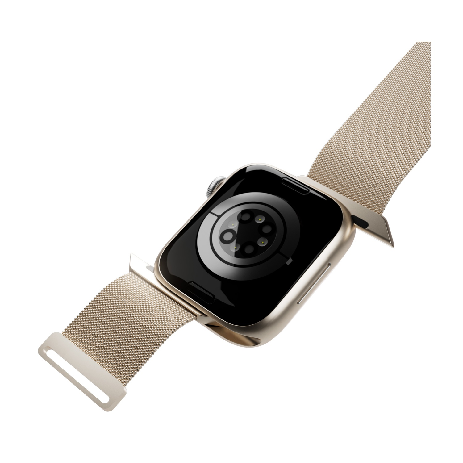 Uno smartwatch dorato con cinturino a maglia è in mostra. Il quadrante è nero, e il retro mostra i sensori. Lo sfondo è bianco.
